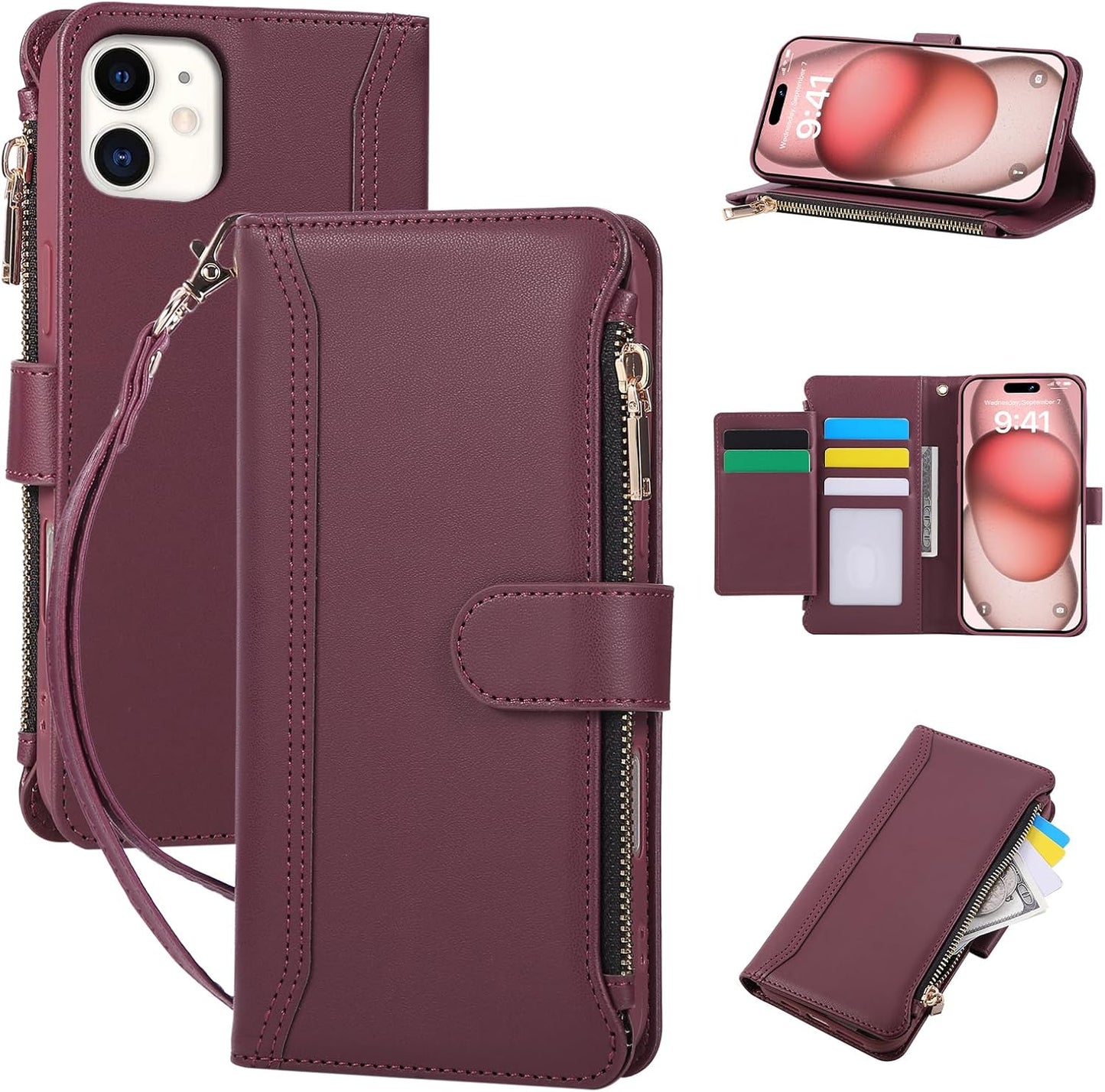 Compatible with iPhone 12/12 Pro Wallet Phone Case-PU Leather Magnetic Flip Cover with Credit Card Slots,Zipper Pocket & Detachable Wrist Strap,Shockproof Design,for Women and Men-Claret
