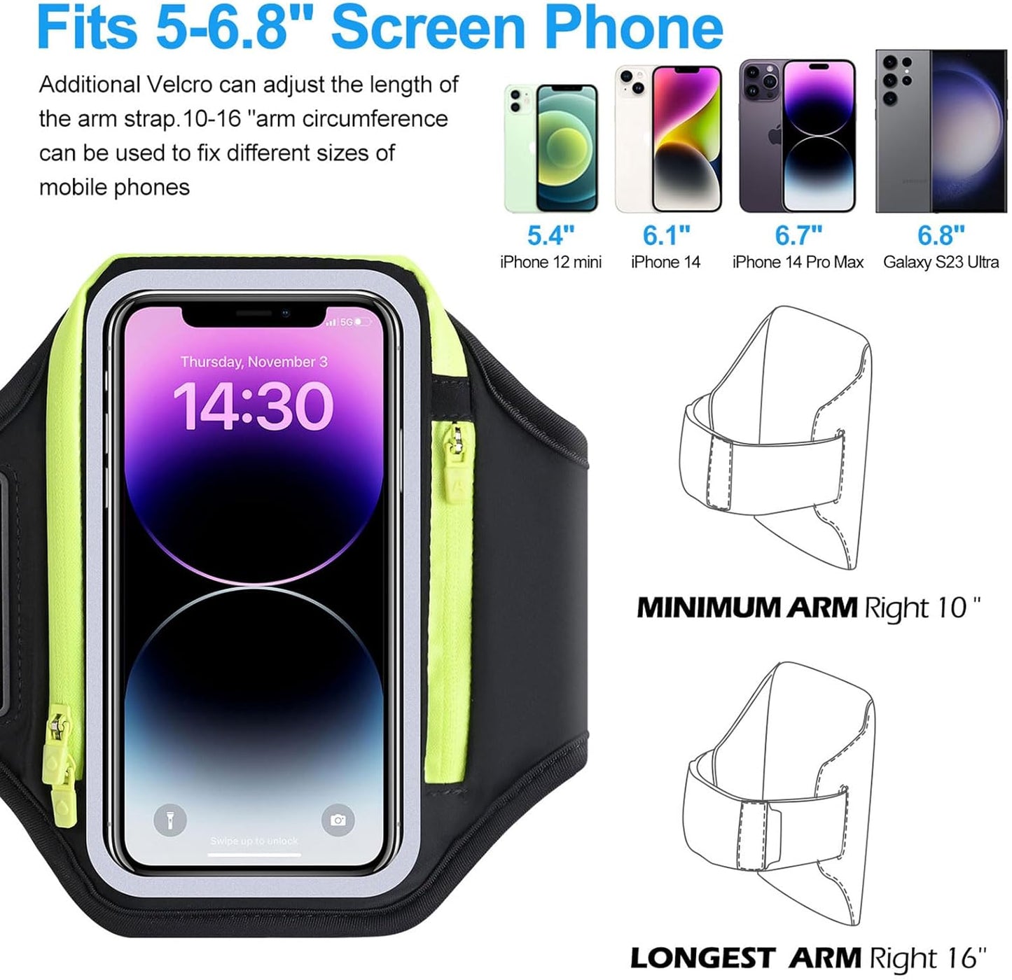 Cell Phone Armbands for Running with Foldable Straps, 6.9‘’ Running Armband Phone Holder, Arm Band Bag for iPhone 16 15 14 13 12 Pro Max Galaxy with Car Home Key Zipper Protective Covers for Women