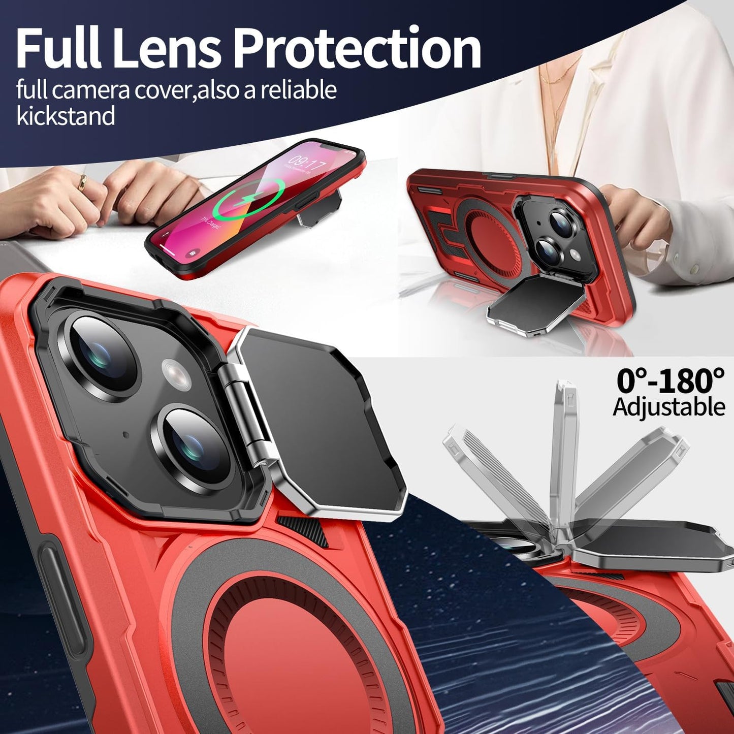 Camera Stand Case for iPhone 14 Plus, [Compatible with Mag Safe] [Lens Cover] 2024 Version Military Grade Protective Soft Case for iPhone 14 Plus 6.7 inch Men Women, Red