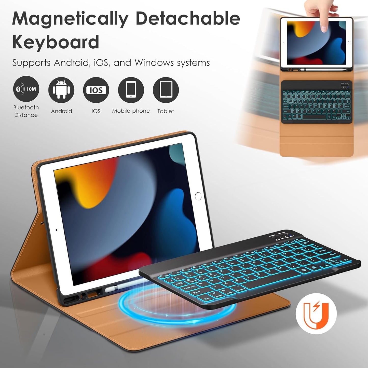 DTTO for iPad 9th/8th/7th Generation 10.2" Case 2021/2020/2019 with Keyboard, 7 Colors Backlit Wireless Detachable Keyboard Premium Leather Folio Cover with Pencil Holder & Pocket, Black