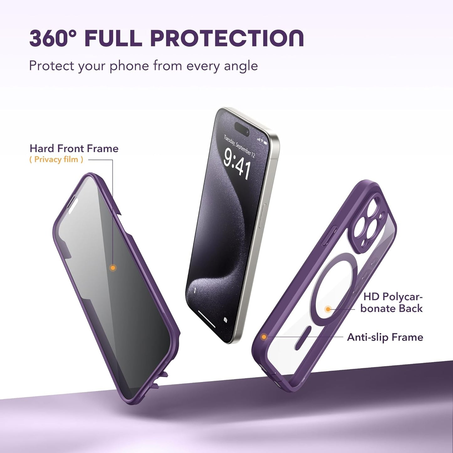 Magnetic for iPhone 15 Pro Case, Compatible with MagSafe, Built-in Privacy Screen Protector and Camera Protection, Anti Spy Full Body Dustproof Shockproof Hard Phone Case 6.1", Purple