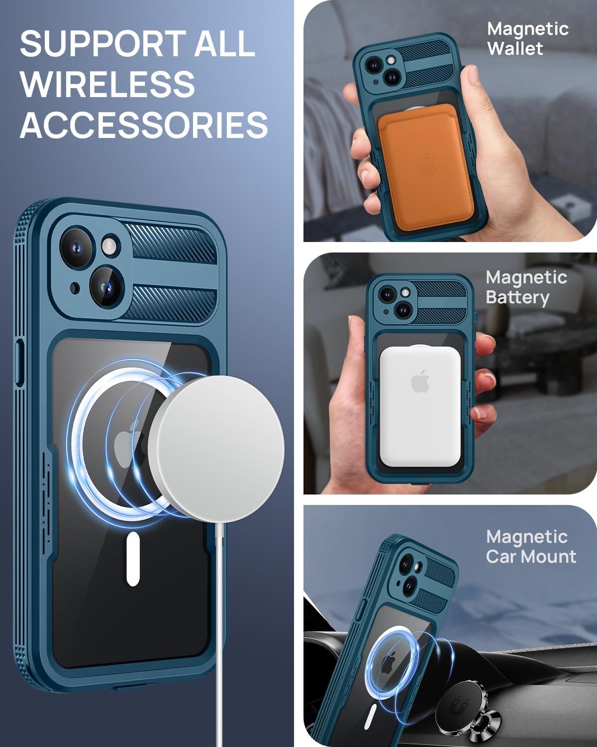 Lanhiem Magnetic for iPhone 15 Pro Case, IP68 Waterproof Dustproof Case, [Compatible with Magsafe] [Built-in Screen Protector] Full Body Heavy Duty Rugged Phone Cover 6.1 inch, Blue/Clear