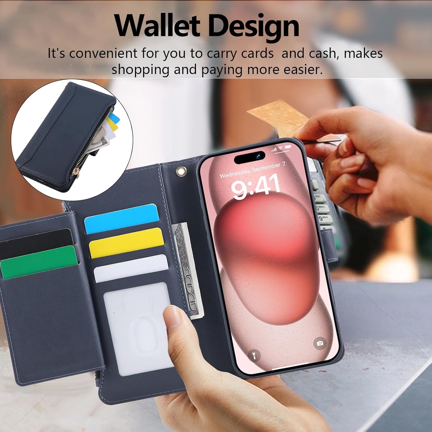 Compatible with iPhone 16 Wallet Phone Case-PU Leather Magnetic Flip Cover with Credit Card Slots,Zipper Pocket & Detachable Wrist Strap,Shockproof Design,for Women and Men-Navy Blue
