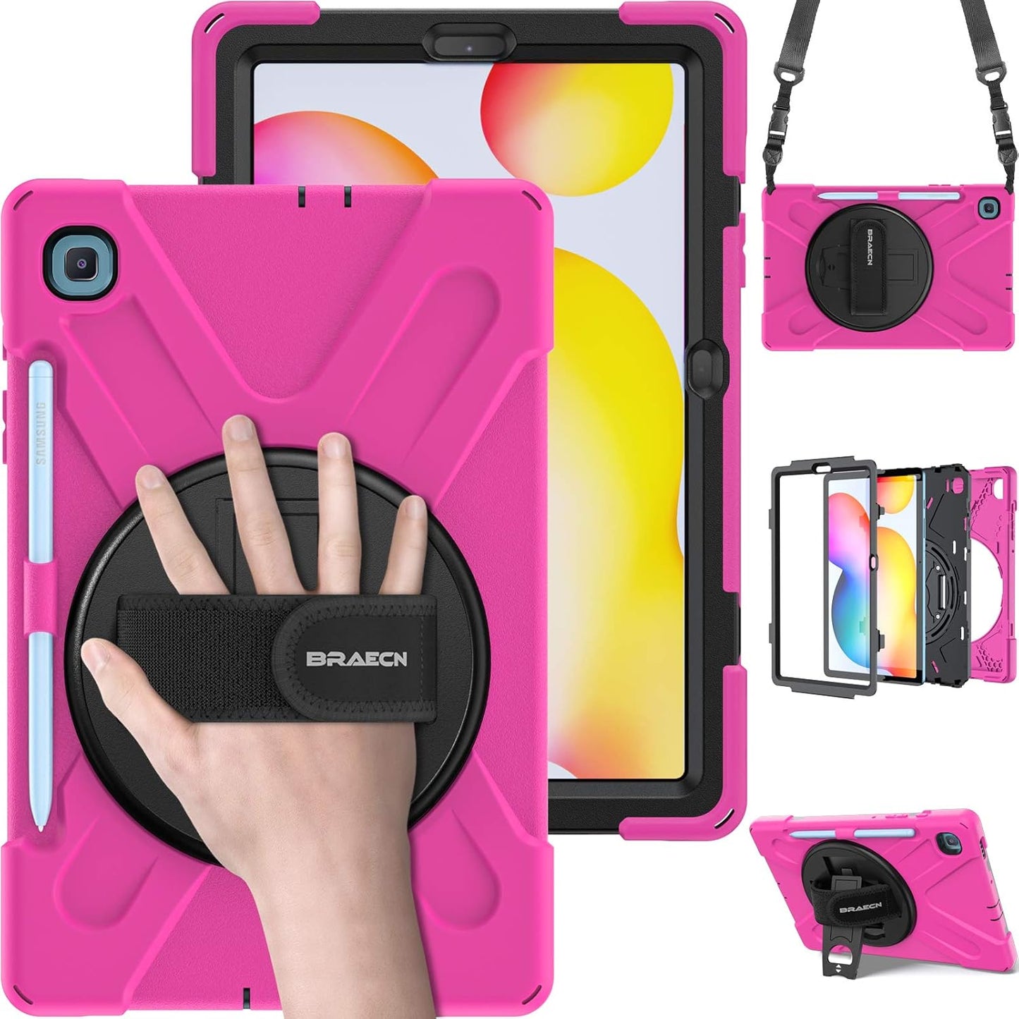 BRAECN for Samsung Galaxy Tab S6 Lite 10.4 Kids Case, Heavy Duty Rugged Cover with [Handle Hand Strap] [Shoulder Strap] [Kickstand] [S Pen Holder] for Galaxy Tab S6 Lite 2024/2022 SM-P610/P620-Rose