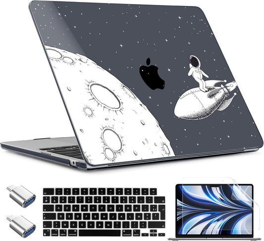 TWOLSKOO Compatible with M4 MacBook Air 13.6 inch Case 2025-2022 Release M4 A3240 M3 A3113 M2 A2681, Plastic Hard Shell & Keyboard Cover & Type C Adapter & Screen Protector, Flying Astronauts