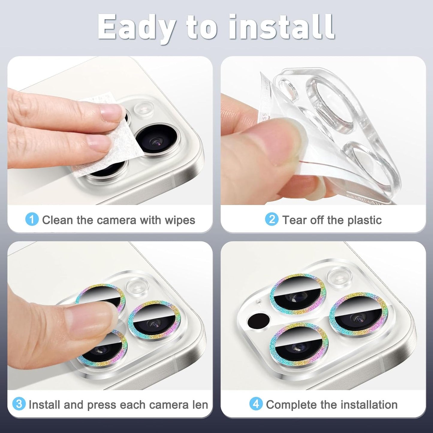 LucBuy 3PCS Sparkling Camera Lens Protector for iPhone 12 Pro, Full Clear Acrylic Cover with Shiny Colorful Glitter Designed Decoration Back Camera Protector