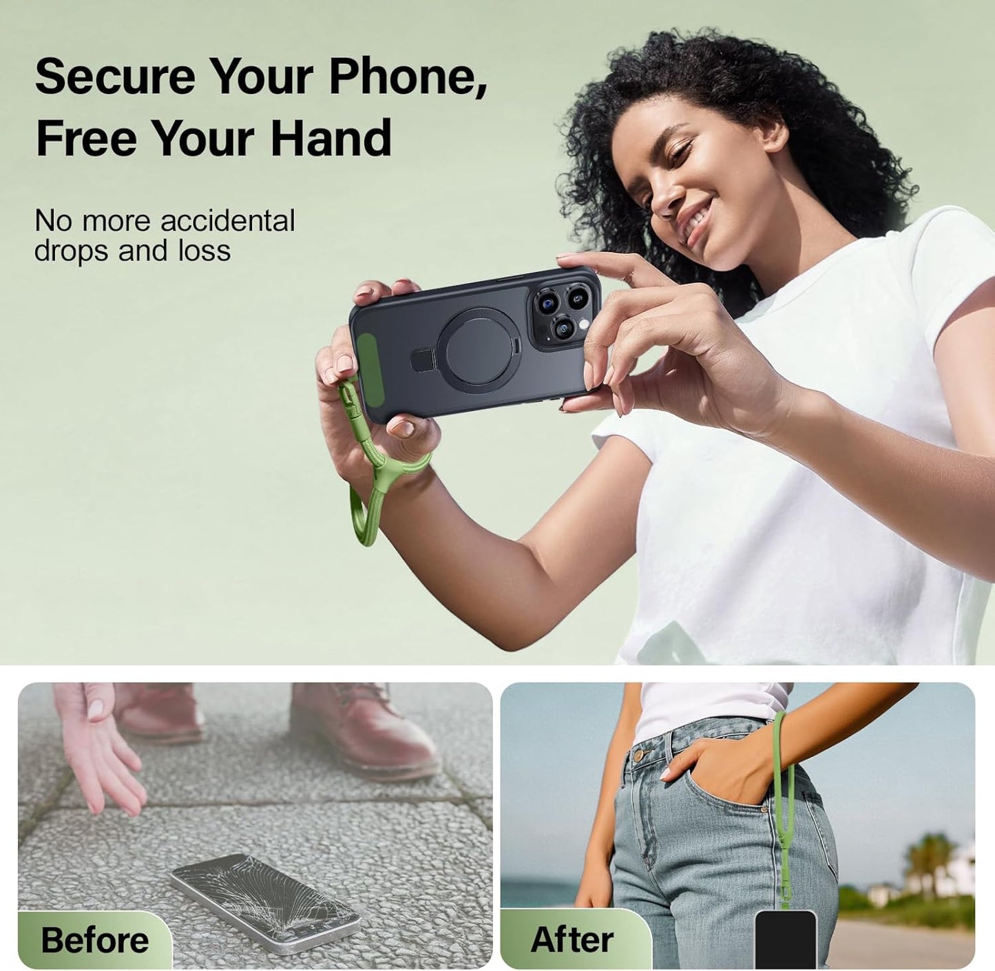 Phone Wrist Strap, Universal Adjustable Hand Wrist Strap Lanyard for iPhone 16 and Most Smartphones, Multifunctional Patch Lanyard with Phone Tether Tab for Women and Men, Matcha Green