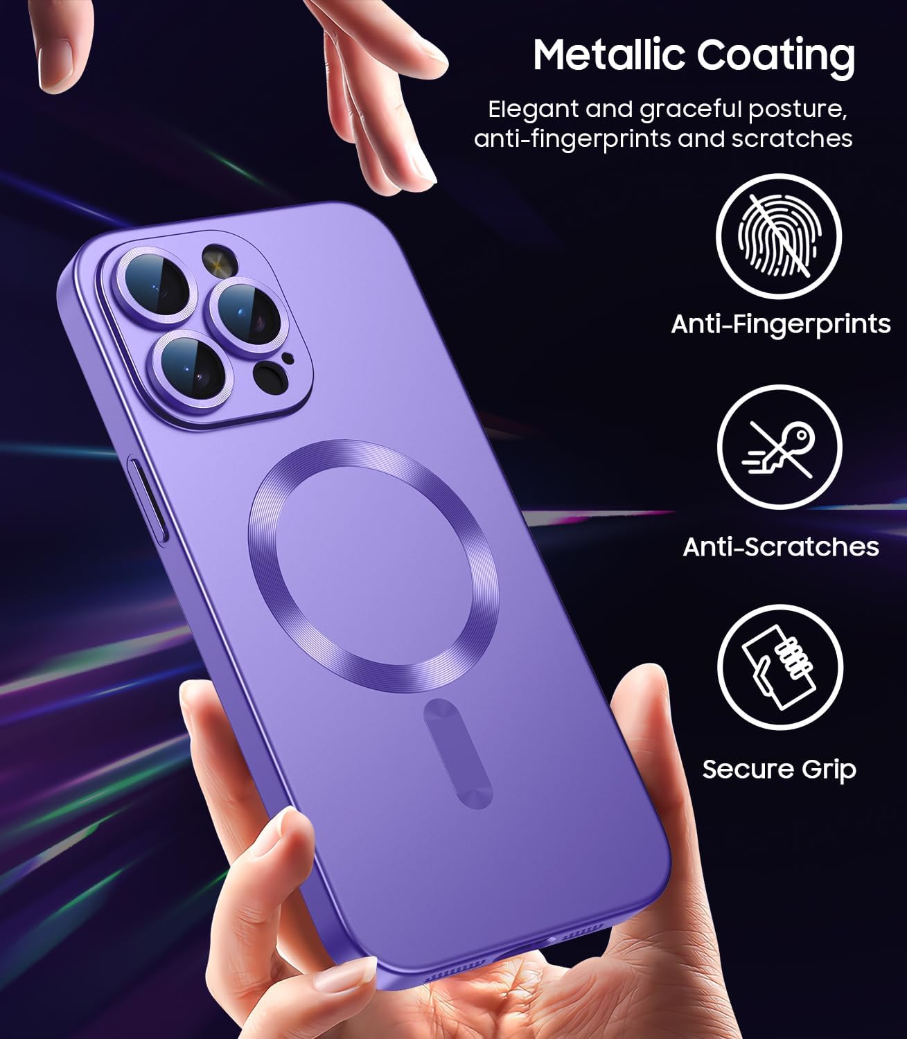 Magnetic for iPhone 15 Pro Case [Compatible with MagSafe][Built-in Camera Lens Protector] Slim Soft Silicone Bumper Shockproof Metallic Shine Phone Case (Purple)