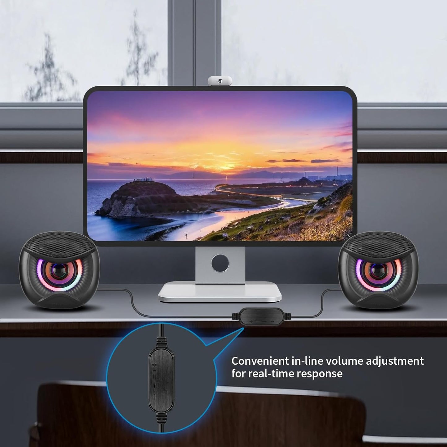 USB Powered Computer Speakers with RGB Colorful Lighting 2.0 Stereo Sound System, Headphone Jack, Plug and Play, Works with PC/Laptop (USB-C Adapter Included)