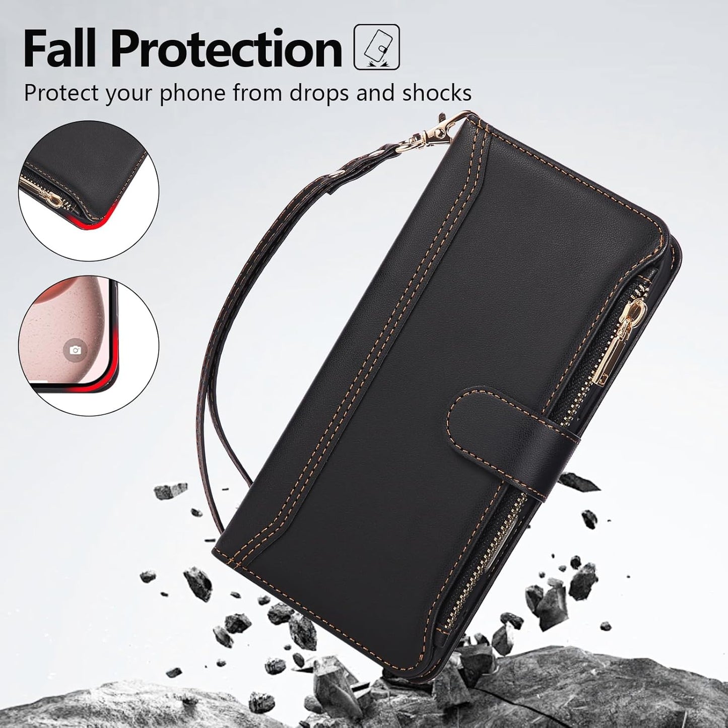 Compatible with iPhone 15 Wallet Phone Case-PU Leather Magnetic Flip Cover with Credit Card Slots,Zipper Pocket & Detachable Wrist Strap,Shockproof Design,for Women and Men-Black