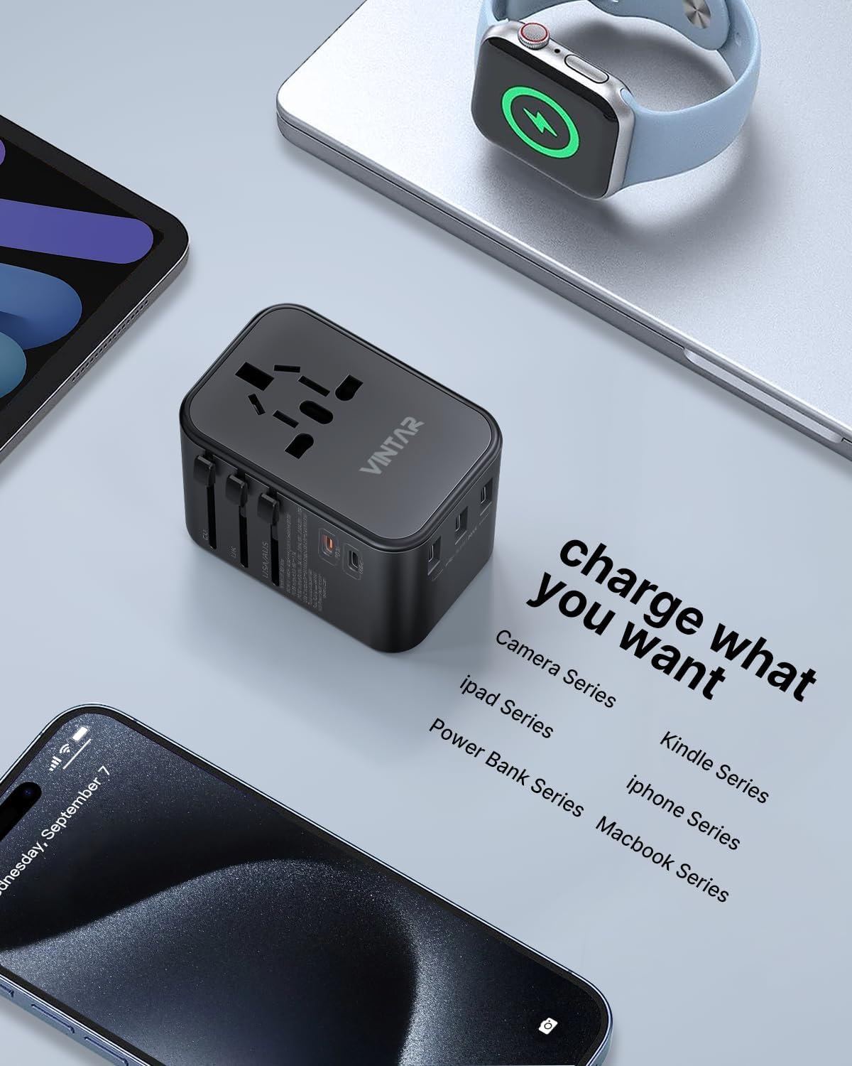Universal Travel Adapter, VINTAR 35.5W International Power Adapter with 3 USB A QC and 2 USB C PD, All in One Plug Adapter Worldwide Travel Essentials for EU/UK/USA/AUS(Type C/G/A/I), Black