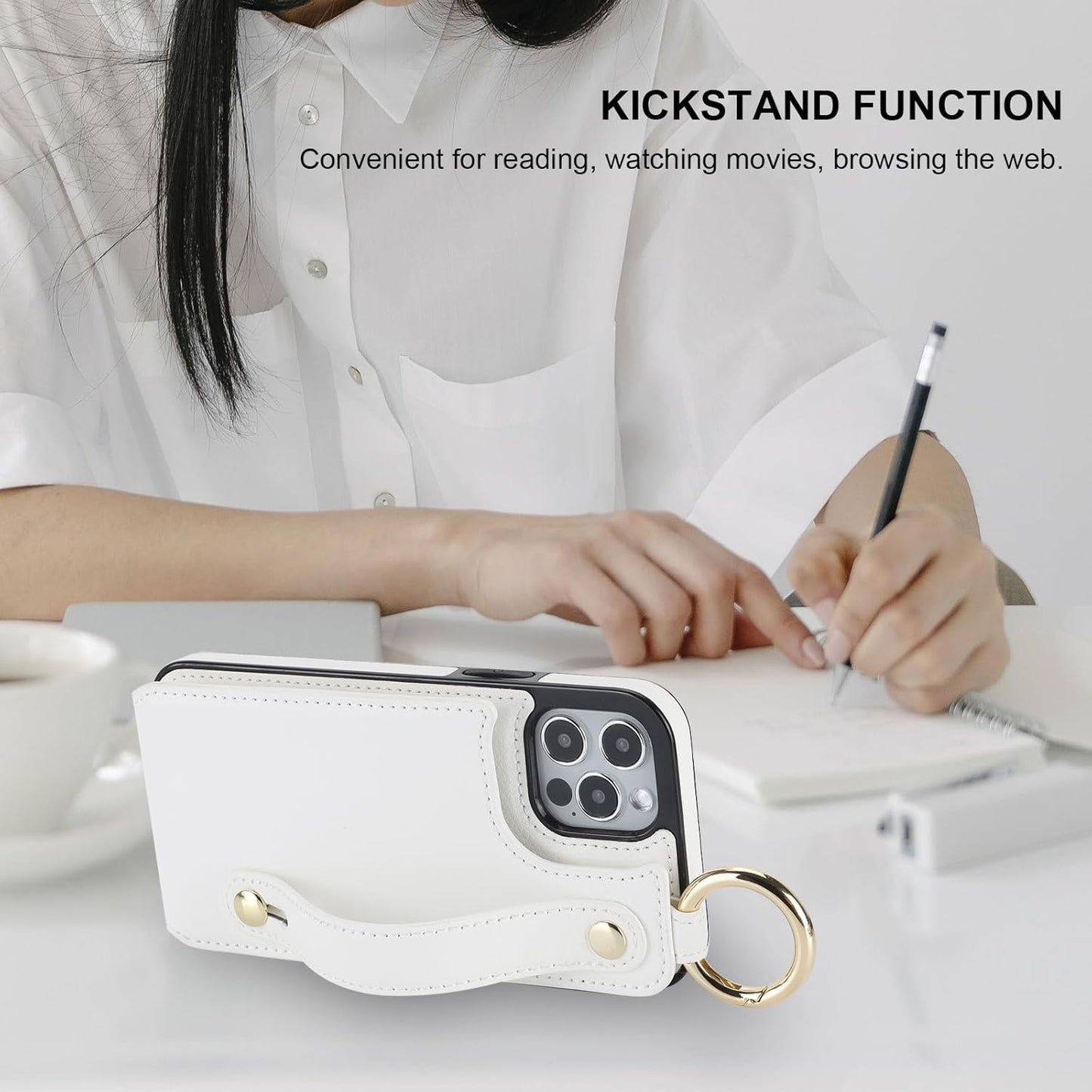 Folosu for iPhone 12/12 Pro Wallet Case with Card Holder, Hand Wrist Strap Loop Holder Kickstand, RFID Blocking Finger Grip Ring PU Leather Double Buttons Shockproof Cover 6.1 Inch (White)