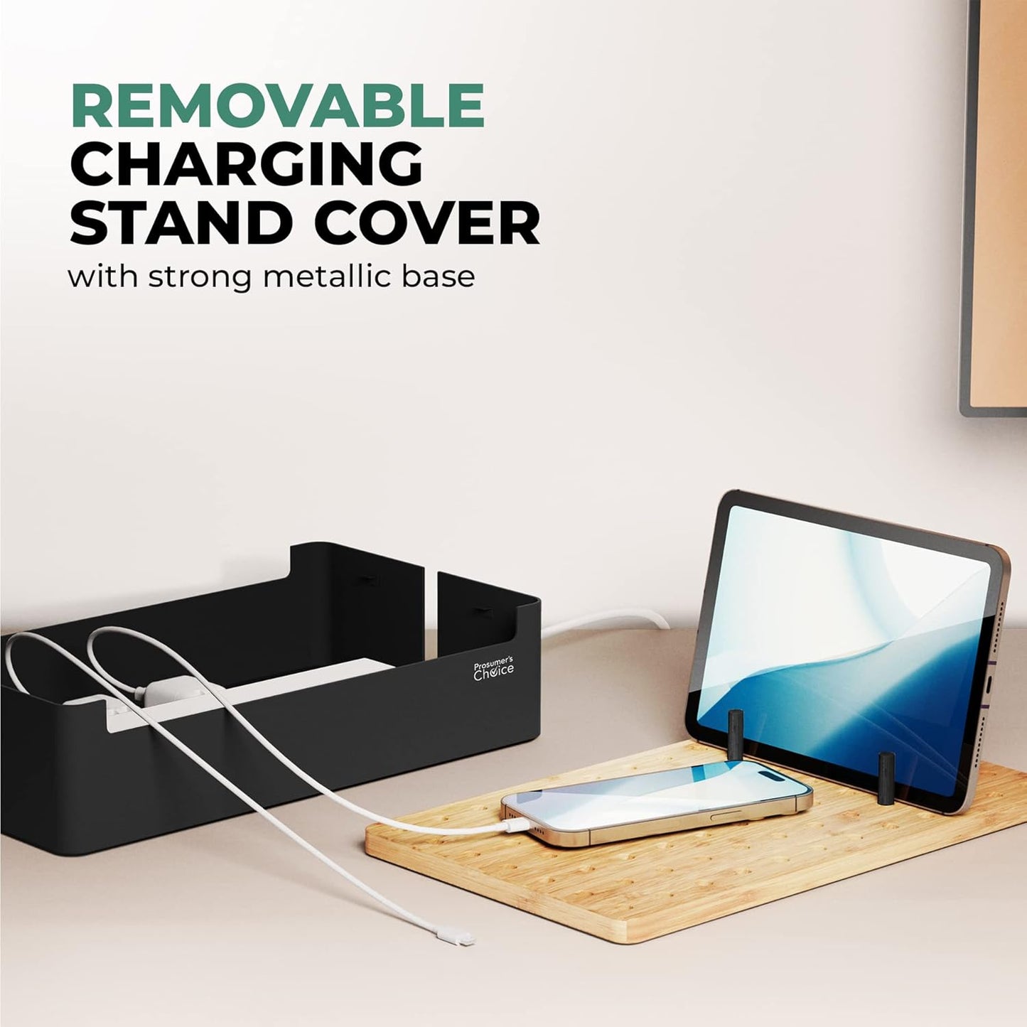 Prosumer's Choice Black Wooden Charging Station Organizer for Multiple Devices - Cable Management Box with 5 Slots and Removable Dividers - Charger Organizer for Phone, Tablet, Home, Office, 12"x6""x7"""