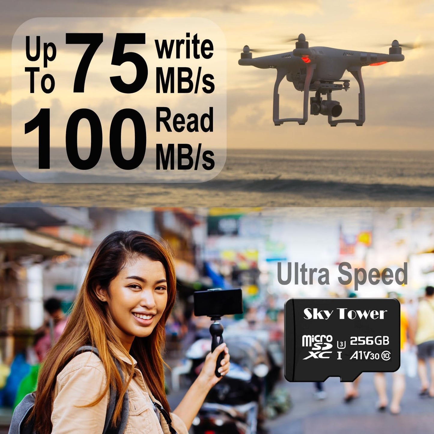Sky Tower Ultra microSDXC microSDHC UHS-I Memory Card with Adapter [New Version] Flash Memory Card - Up to 100MB/s, U1, Class10, V10, A1, High Speed TF Card (256GB Micro SD Card 1 Pack)