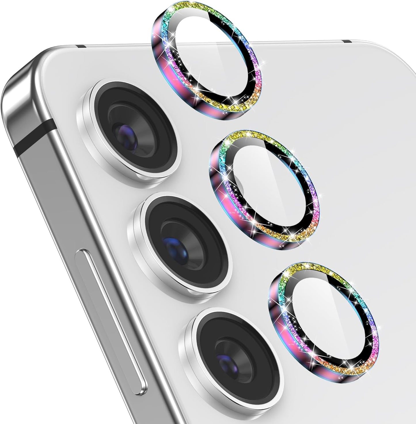 YWXTW Camera Lens Protector for Samsung Galaxy S24 / S23 / S23 Plus, [NOT for S24 Plus] 9H Tempered Glass Metal Individual Ring Camera Screen Protector for S24 Accessories (Colored Glitter)