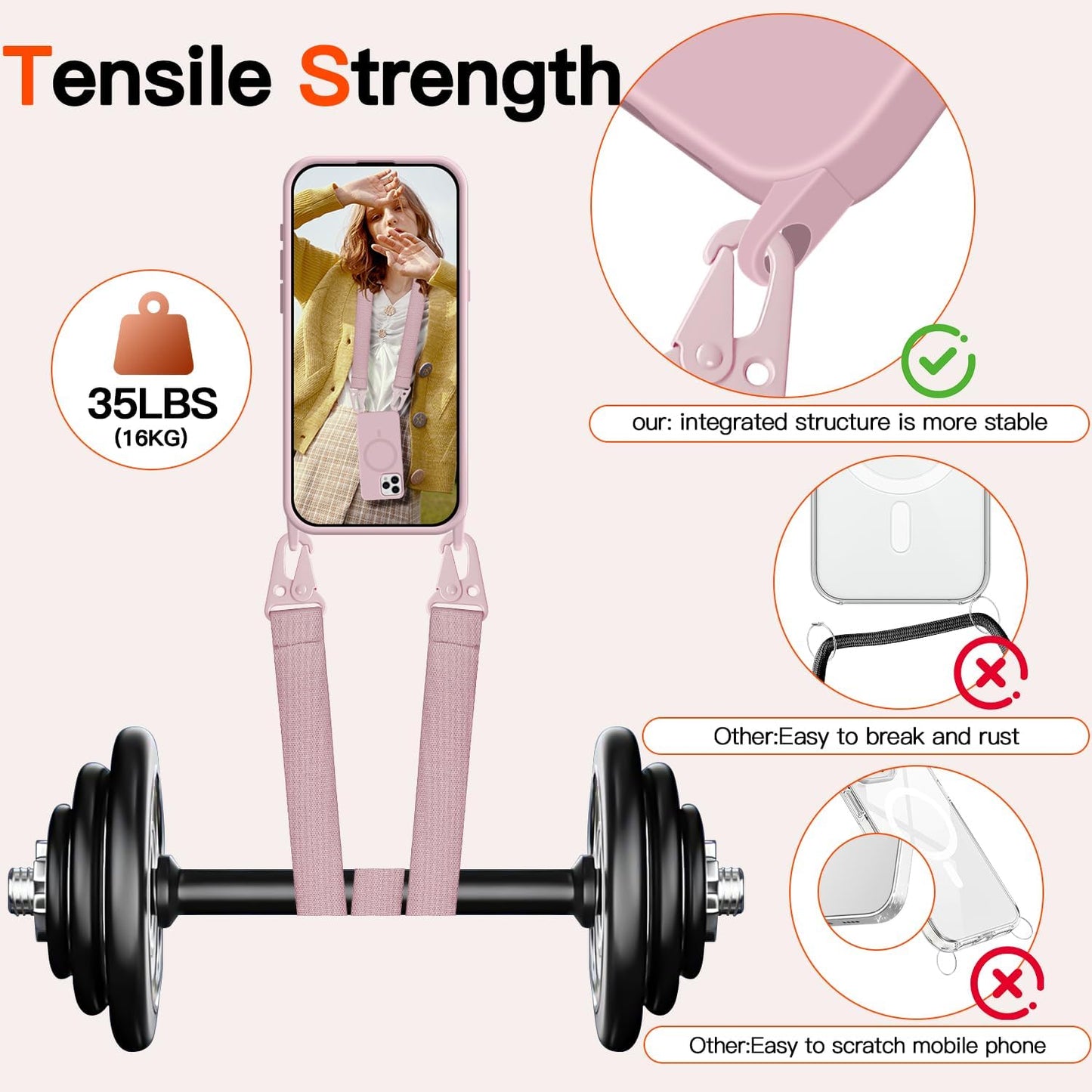 for iPhone 16 Pro Case with Lanyard [Compatible with MagSafe], Crossbody Phone Case with Neck Strap Adjustable, Magnetic Phone Cover for iPhone 16 Pro 6.3'' Pink