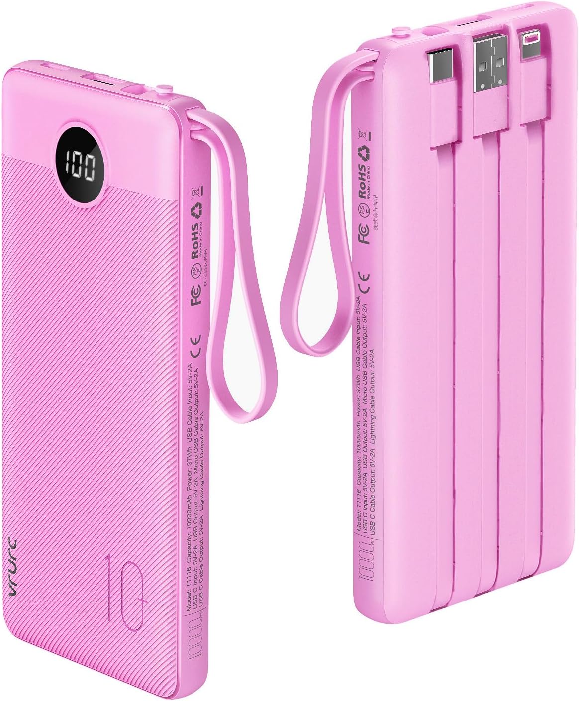 VRURC Portable Charger 10000mAh, Travel Essentials Battery Pack, 5 Output 2 Input Power Bank, Built-in Micro & USB C Cables Phone Charger Compatible with iPhone,Samsung,Android-Purple(1 Pack)