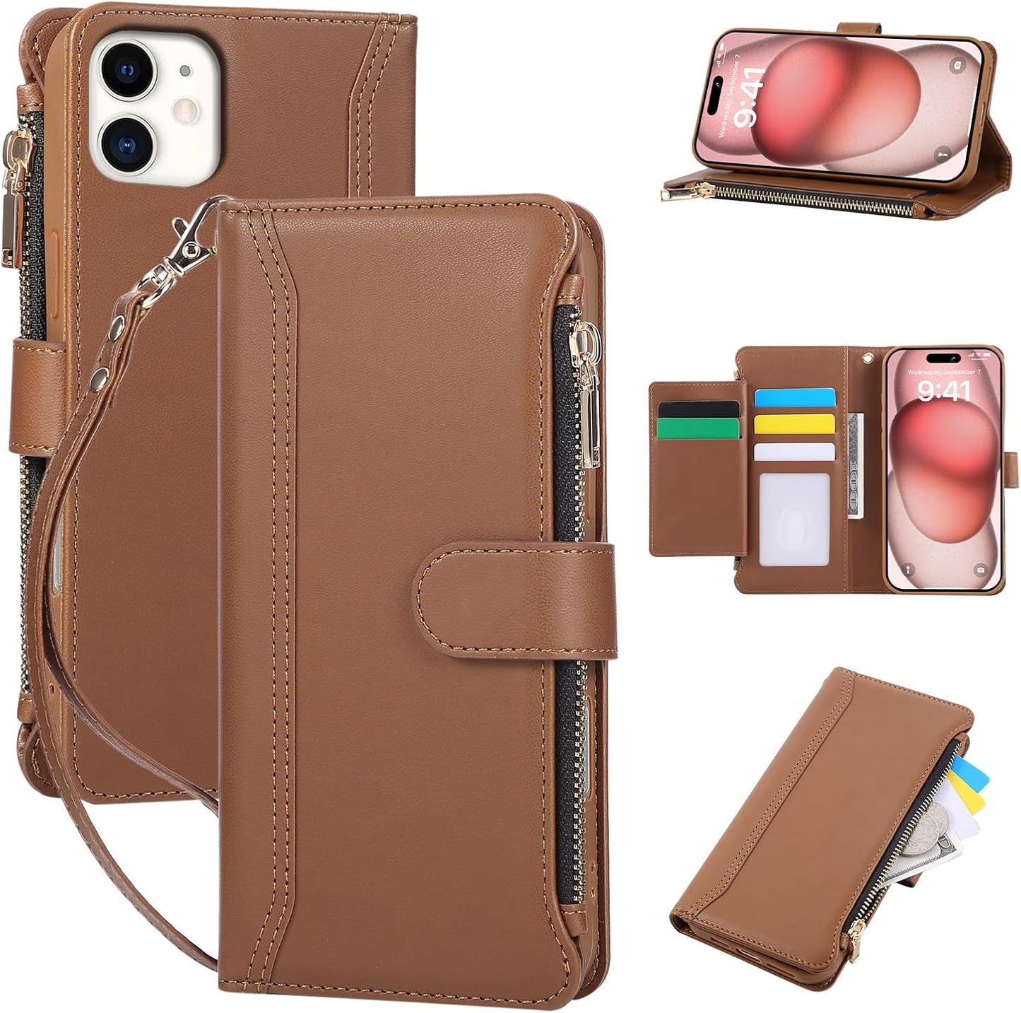 Compatible with iPhone 11 Wallet Phone Case-PU Leather Magnetic Flip Cover with Credit Card Slots,Zipper Pocket & Detachable Wrist Strap,Shockproof Design,for Women and Men-Brown