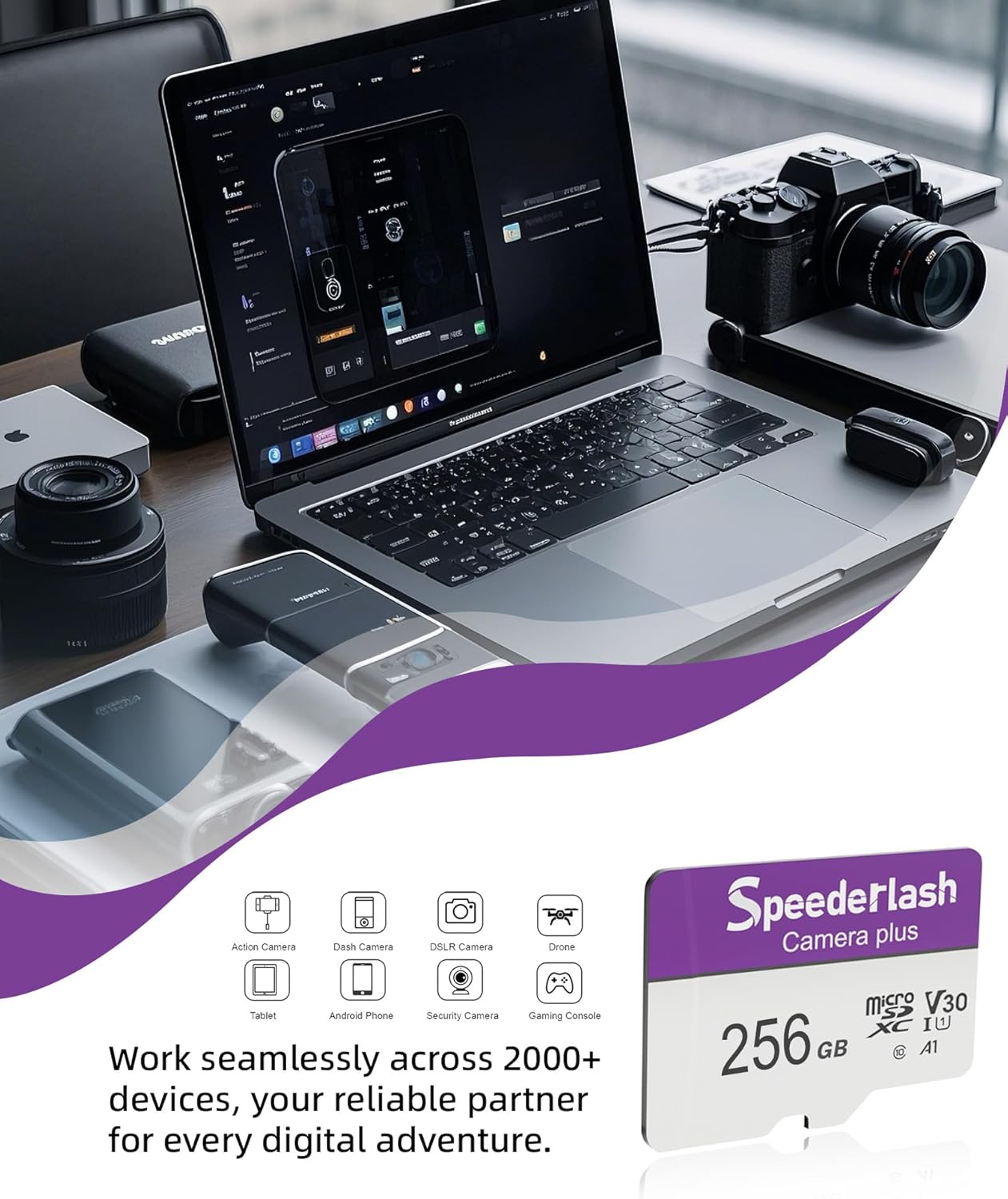 Micro SDXC Memory Card 256GB 2 Pack, Speederlash Camera Plus TF Card with Adapter, Up to 100MB/s Read Speed, 4K UHD&5K Video Support, U1 V30 A1 Rated, Waterproof, for Security Camera, Dashcam, Drones