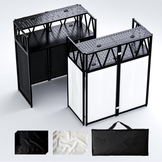Portable DJ Booth Table,Foldable DJ Table Stand Portable with White & Black Scrim,Adjustable DJ Facade Table Station Metal Frame DJ Table with Cable Hole for Private Events, Clubs, Bars (Upgrade)