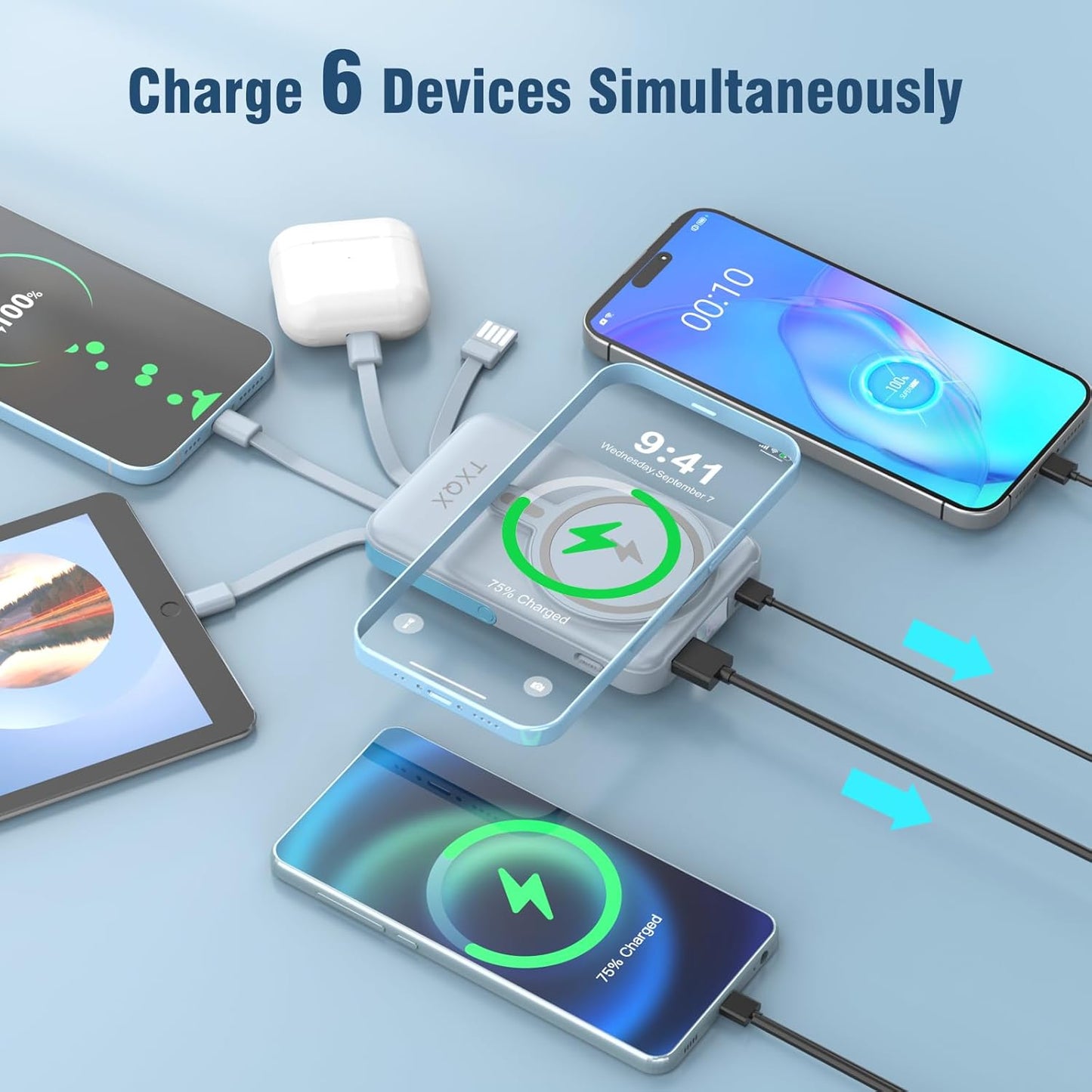 Wireless Portable Charger 10000mAh,Magnetic Power Bank with Built-in Cables LED Display,22.5W PD Fast Charging for Magsafe Battery Pack Compatible with iPhone16/15/14/13/12/Pro/Pro Max(Blue)