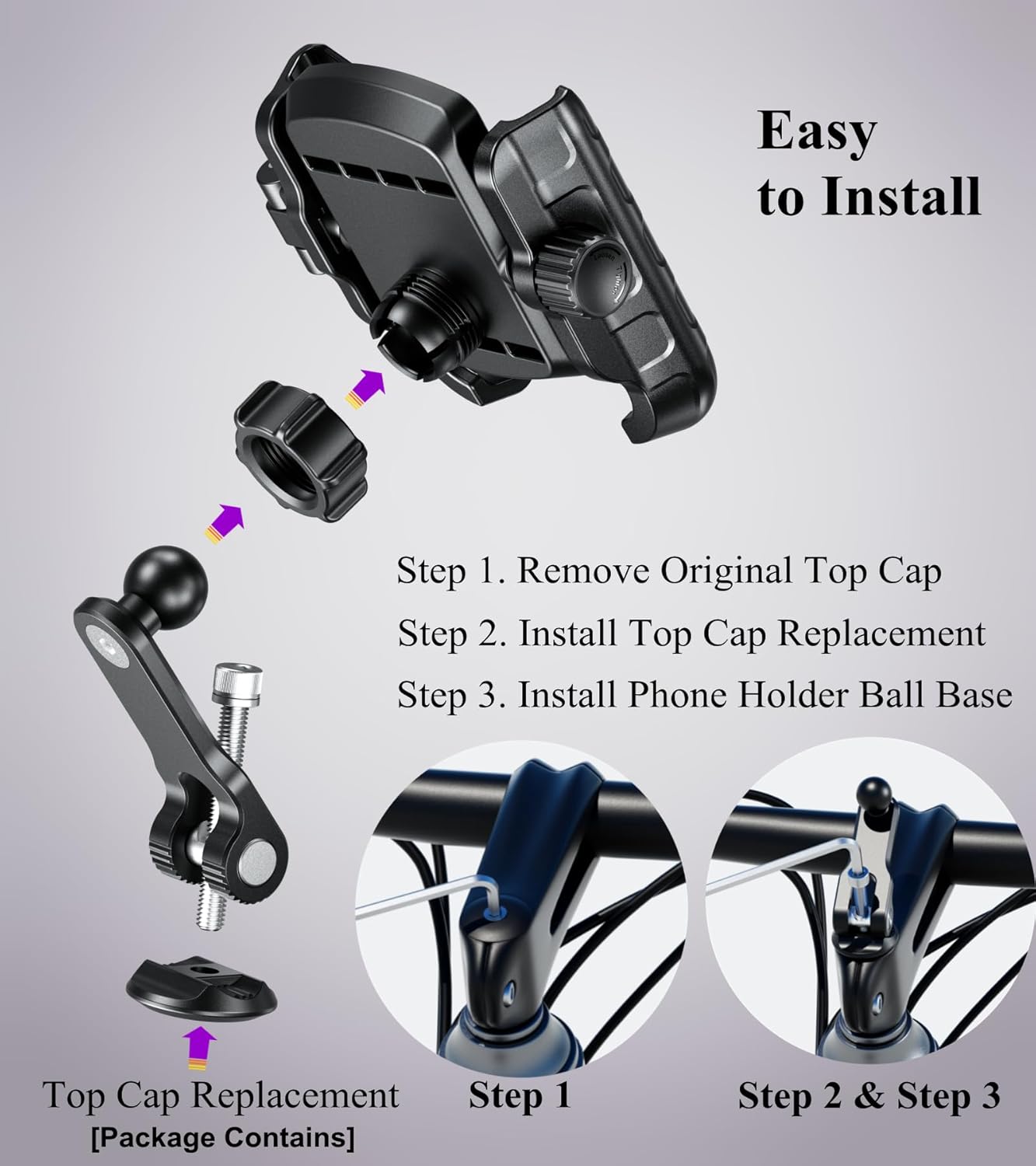 BRCOVAN Bike Fork Stem Phone Mount Holder [Camera Friendly] [1s Lock & Release] Adjustable Bicycle Headset Top Cap Cellphone Cradle with Solid Aluminum Mounting Base Fit 5.4'' - 7.2" Smartphones"
