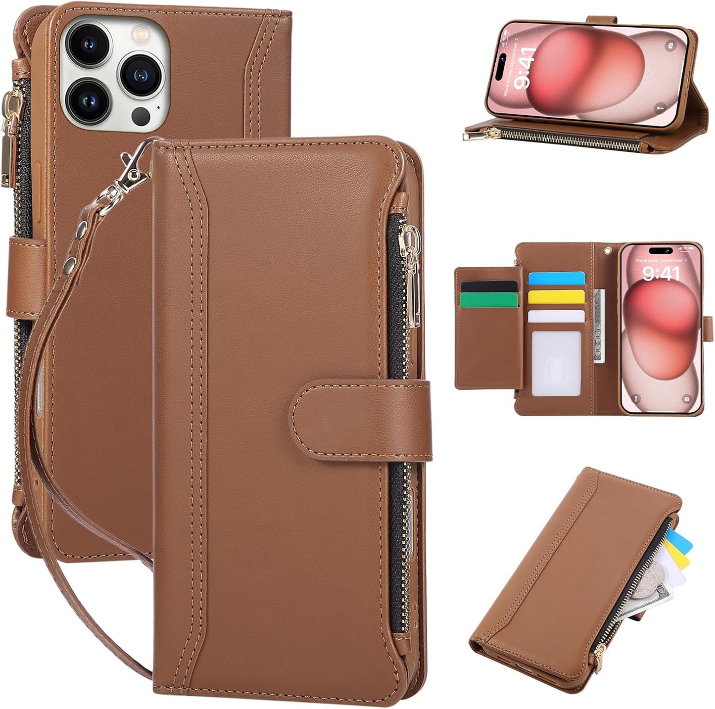 Compatible with iPhone 13 Pro Wallet Phone Case-PU Leather Magnetic Flip Cover with Credit Card Slots,Zipper Pocket & Detachable Wrist Strap,Shockproof Design,for Women and Men-Brown