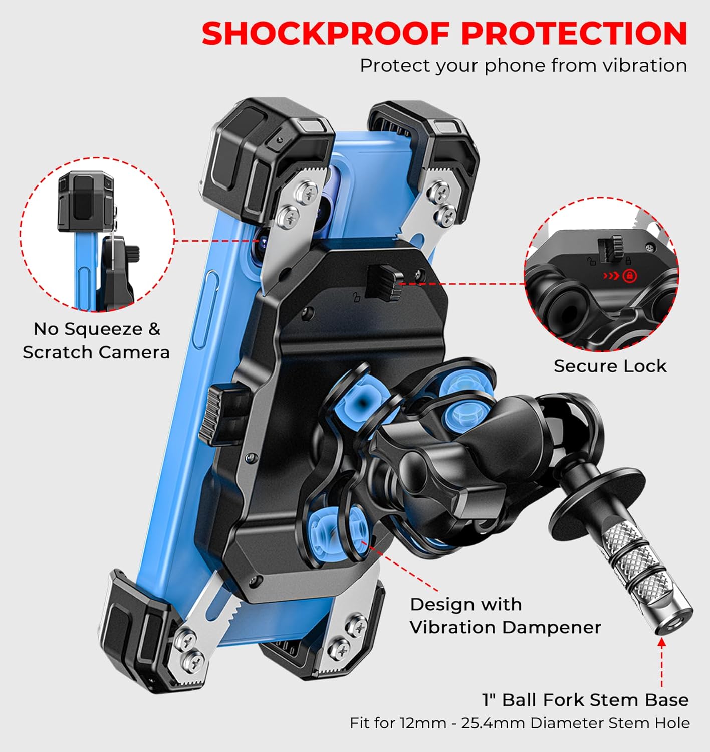 Motorcycle Fork Stem Phone Mount with Vibration Dampener, Motorcycle Cell Phone Holder with Aluminum Alloy Anti-Theft Short Arm, Fit 12mm to 25.4mm Diameter Stem Tubes, for 5.5"-7.2"" Phones"