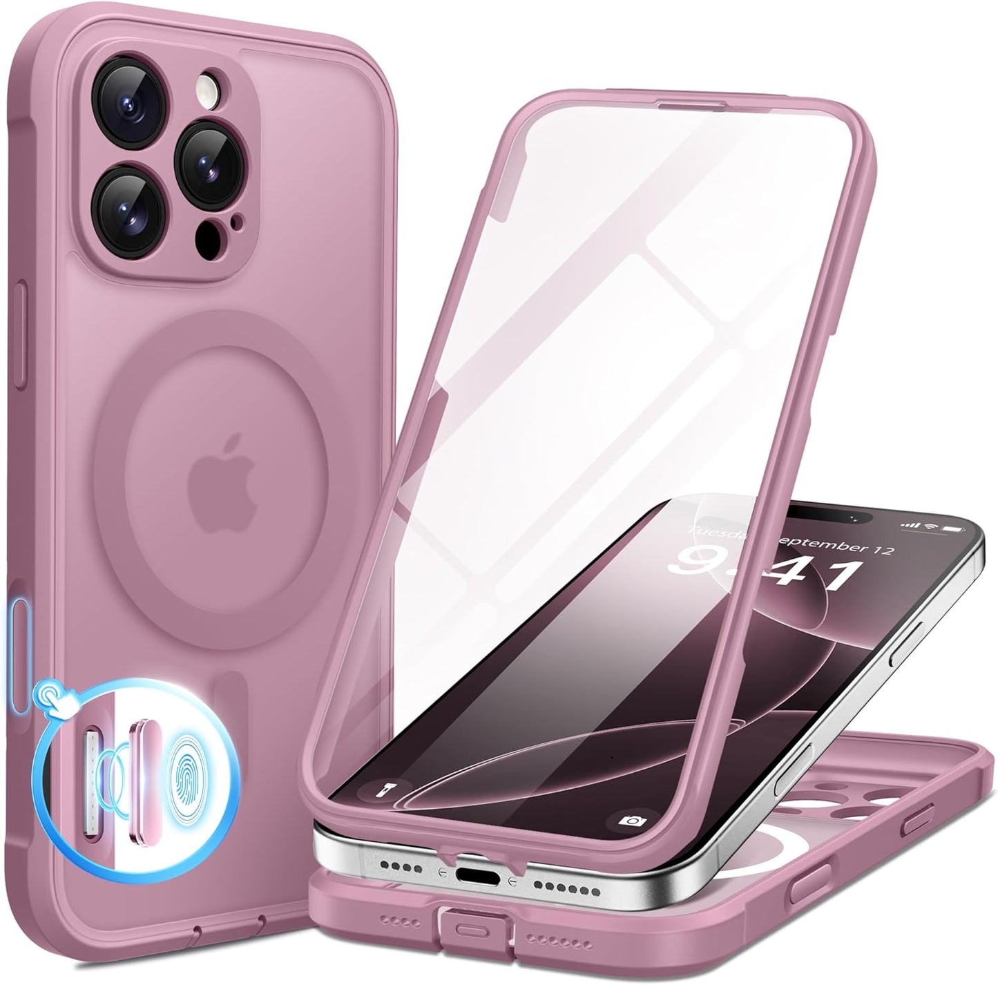 BERFY Magnetic for iPhone 16 Pro Max Case, Compatible with MagSafe, [Built-in 9H Tempered Glass Screen Protector & Camera Protection] Full Body Matte Phone case for 16 Pro Max, Palevioletred