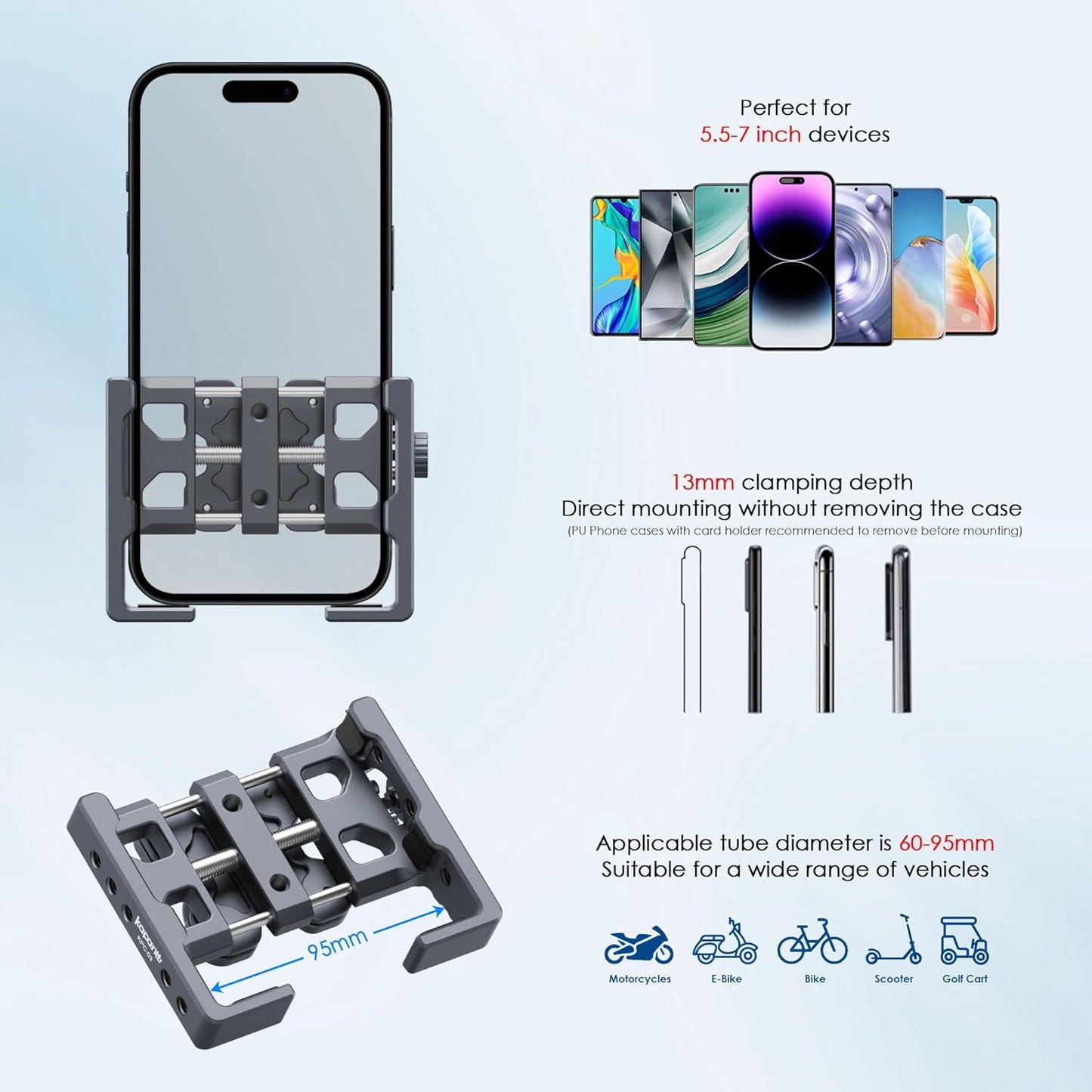 Motorcycle Phone Mount Kit, Anti-Theft Dual Socket Arm, 360° Rotate Phone Clip and Aluminum Handlebar Clamp Mount U-Bolt Base for Bike/ATV/Scooter Handlebar for 5.5-7" Smartphone (KPS-19)"