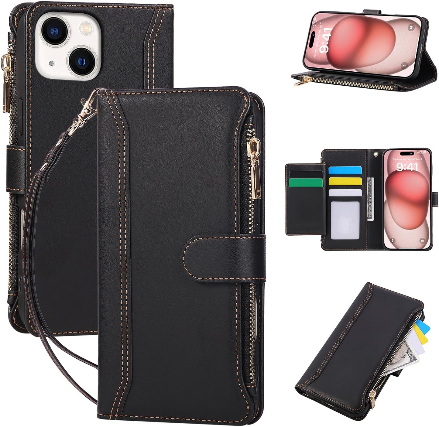 Compatible with iPhone 13/14 Wallet Phone Case-PU Leather Magnetic Flip Cover with Credit Card Slots,Zipper Pocket & Detachable Wrist Strap,Shockproof Design,for Women and Men-Black