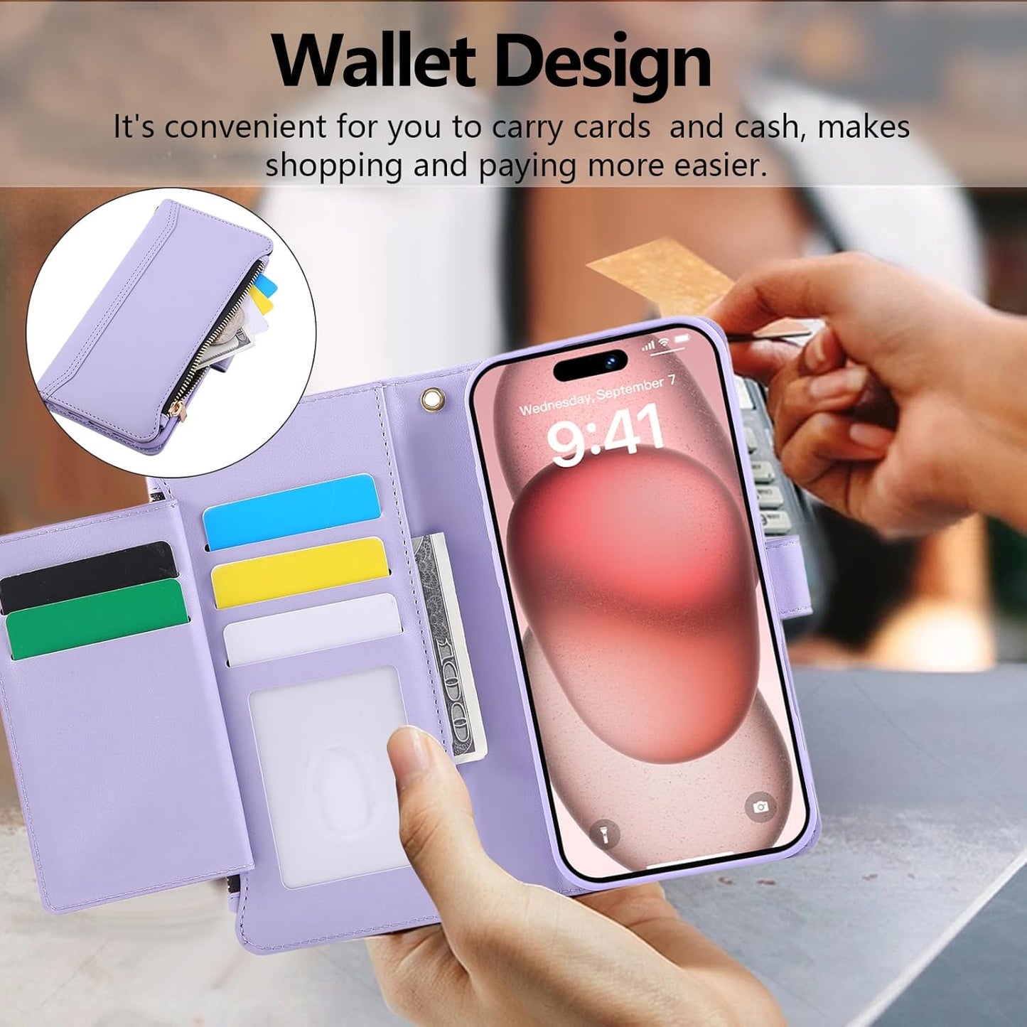 Compatible with iPhone 12/12 Pro Wallet Phone Case-PU Leather Magnetic Flip Cover with Credit Card Slots,Zipper Pocket & Detachable Wrist Strap,Shockproof Design,for Women and Men-Purple