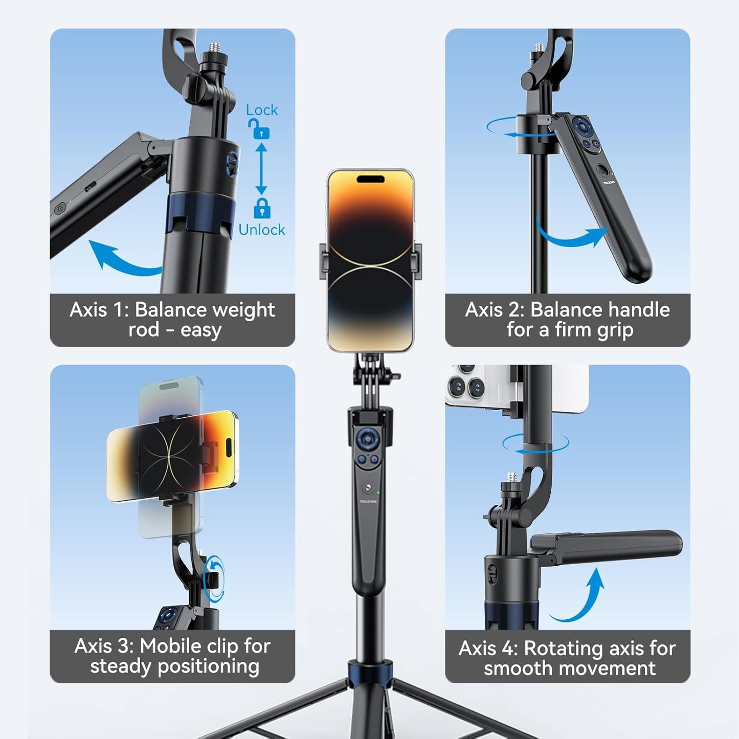 TELESIN 63" Smart Auto-Face Tracking Tripod with 360° Rotation, Remote & Gesture Control, No APP Needed, Compatible with Smartphone/Action Camera, Selfie Stick Tripod Stand for Video Live Streaming