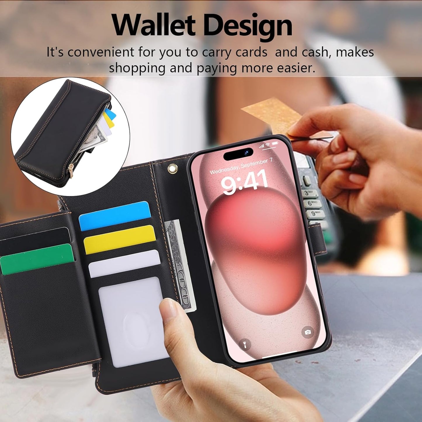 Compatible with iPhone 15 Wallet Phone Case-PU Leather Magnetic Flip Cover with Credit Card Slots,Zipper Pocket & Detachable Wrist Strap,Shockproof Design,for Women and Men-Black