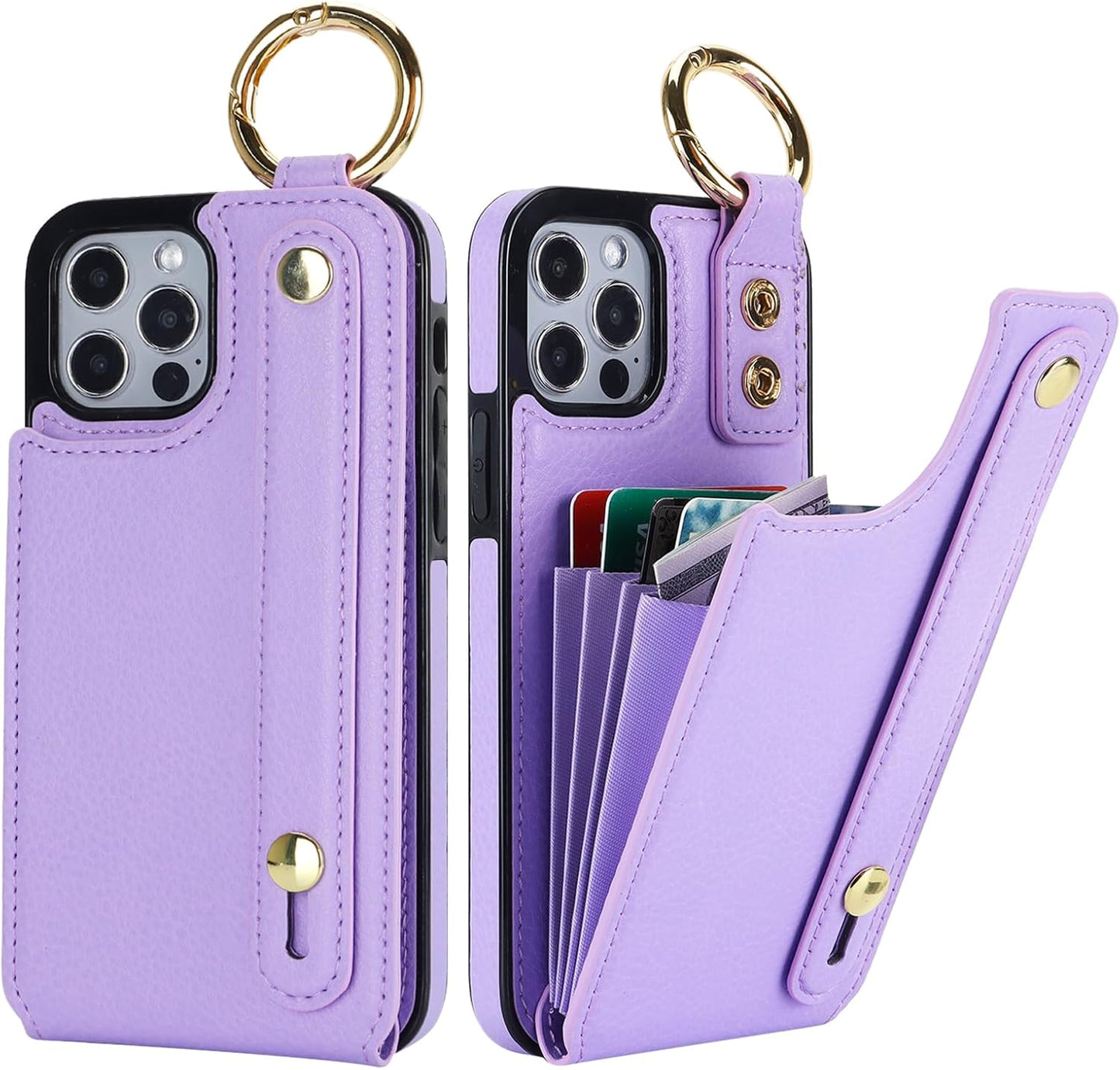 Folosu for iPhone 12/12 Pro Wallet Case with Card Holder, Hand Wrist Strap Loop Holder Kickstand, RFID Blocking Finger Grip Ring PU Leather Double Buttons Shockproof Cover 6.1" Purple"