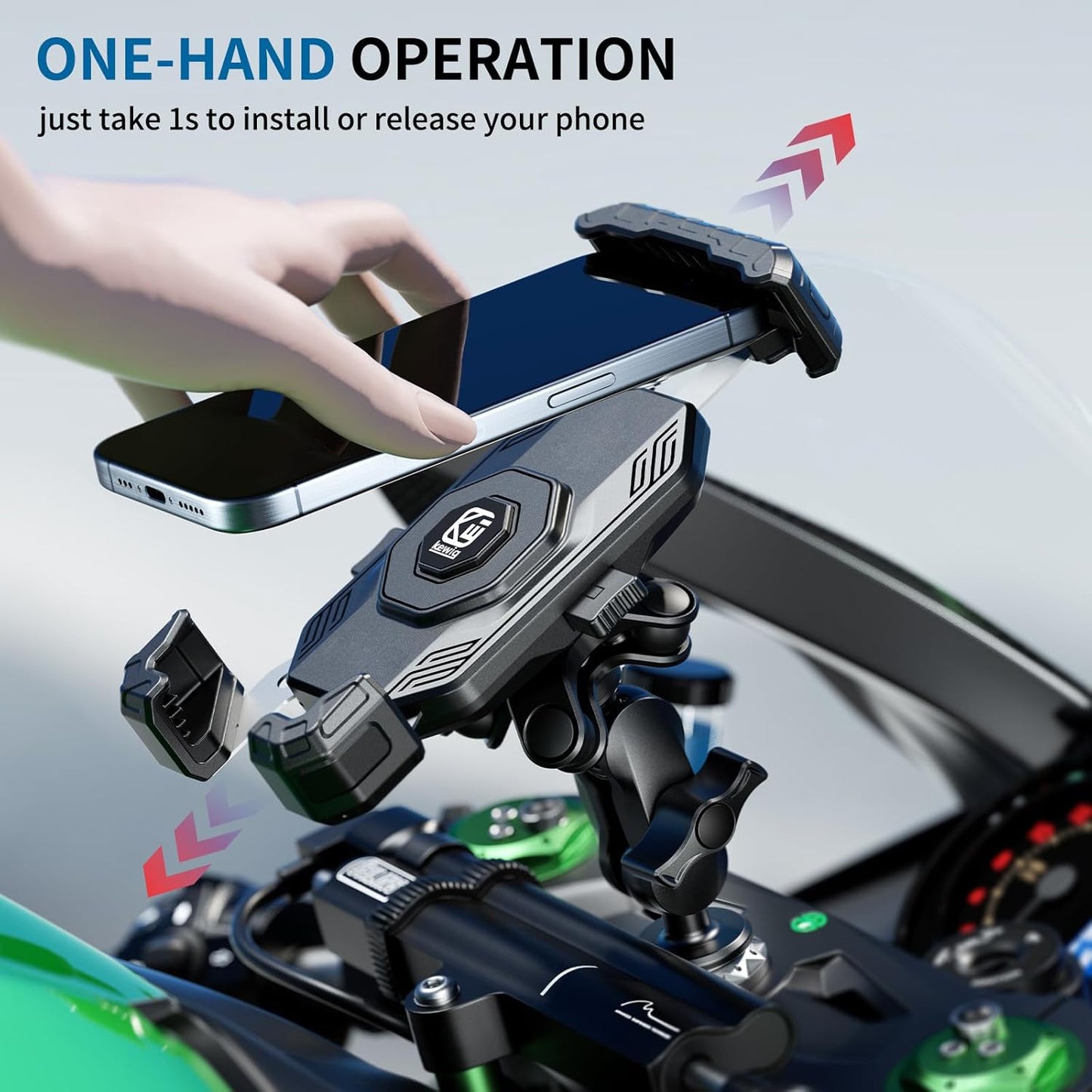 Kewig Motorcycle Fork Stem Phone Mount Holer with Vibration Dampener, [No Scratches Camera] Anti-Theft Motorcycle Cell Phone Holder, Fits for Fork Stem Tubes 12-25.4mm in Diameter, for 5.5-7.2" Phone"