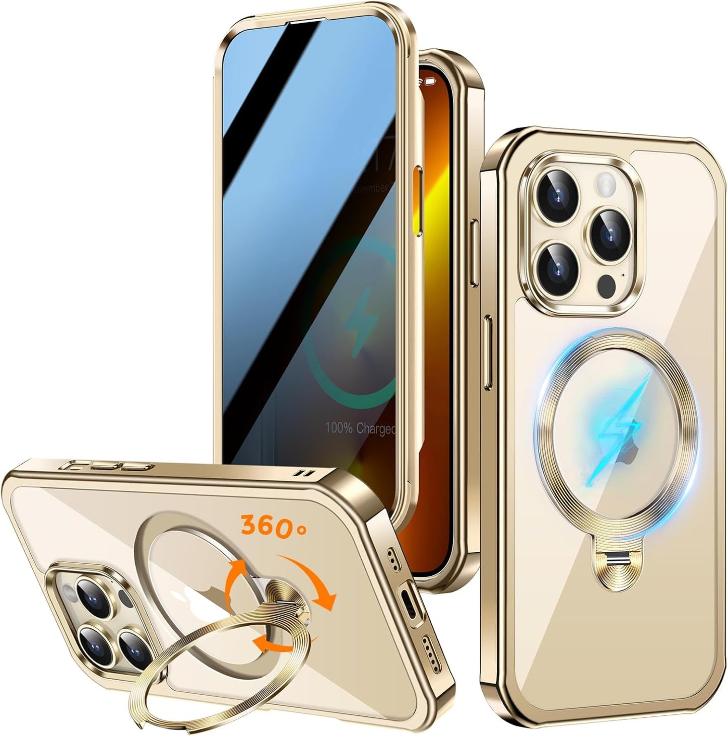[360° Rotatable CD Stand & Built-in Privacy Screen Magnetic Case for iPhone 13 Pro Max[Compatible with MagSafe&Full Signal] Mil-Grade Shockproof Full Body Anti-Spy Cover for 13 Pro Max-Gold