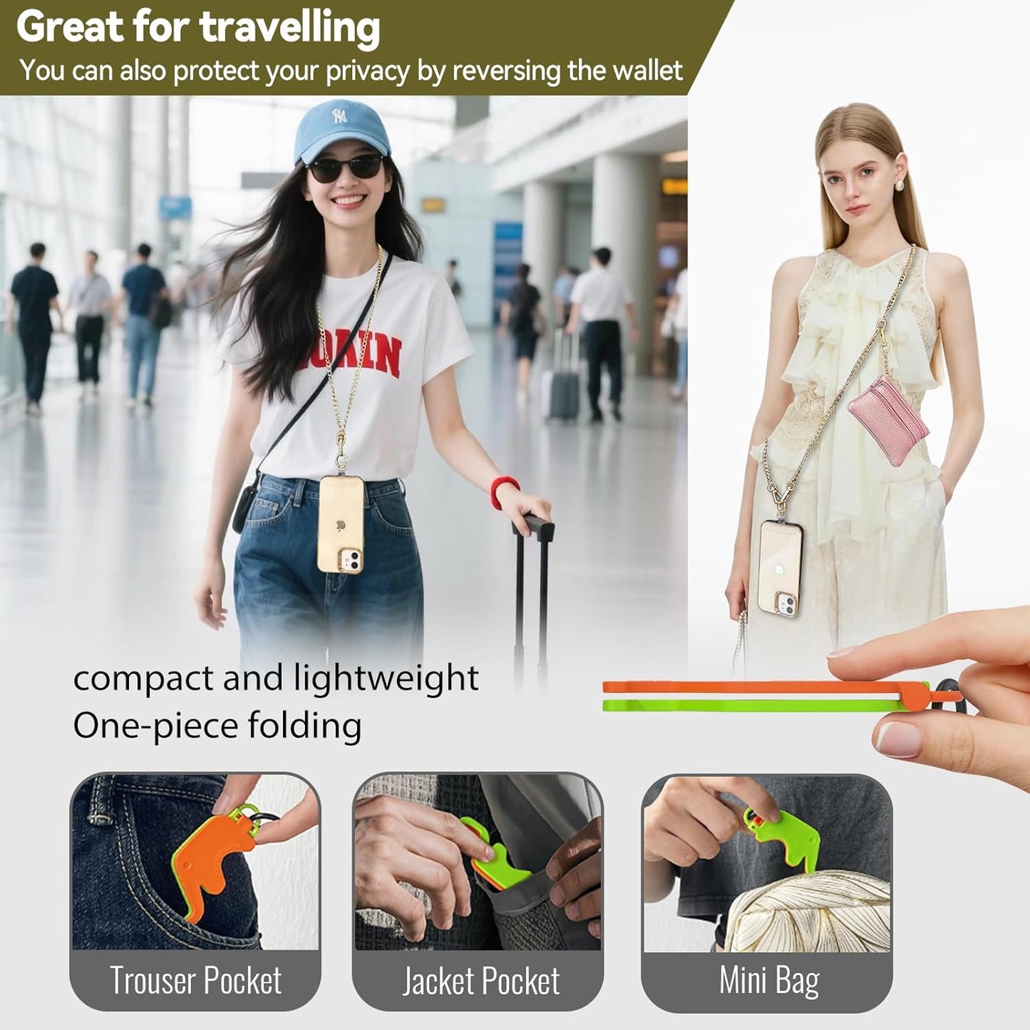Clip and Go Strap for Phone Gold Metal Chain with Pink Purse Wallet Crossbody Phone Lanyard for Women with Cell Phone Stand Holder 2 Patches Tether Adjustable Anti Theft for iPhone 16 15 14 All Phones