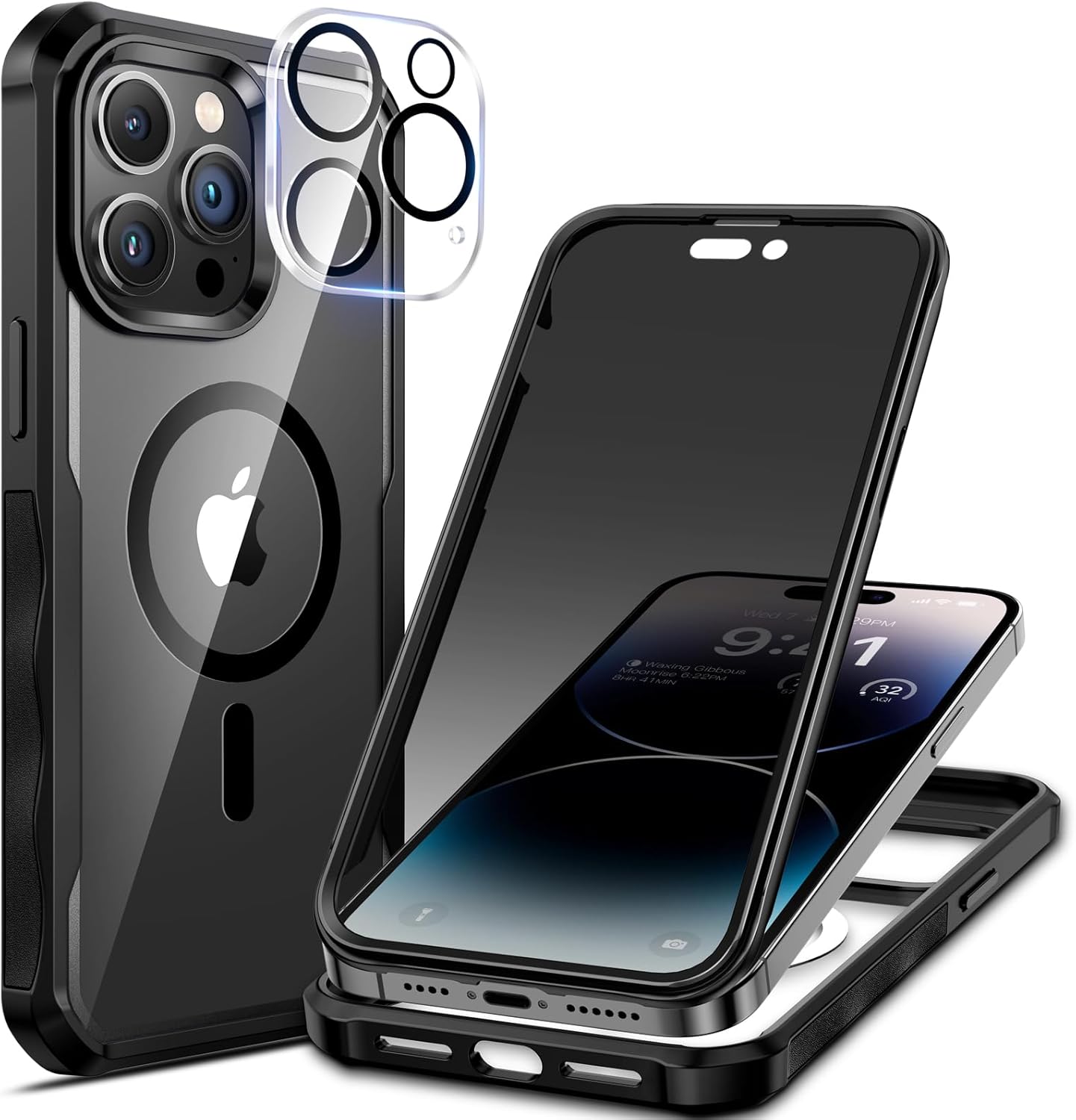 seacosmo for iPhone 14 Pro Case, Full Body Bumper with Built-in 9H Tempered Glass Privacy Screen Protector and Camera Lens Protector, Compatible with MagSafe, Shockproof Phone Cover, 6.1", Black