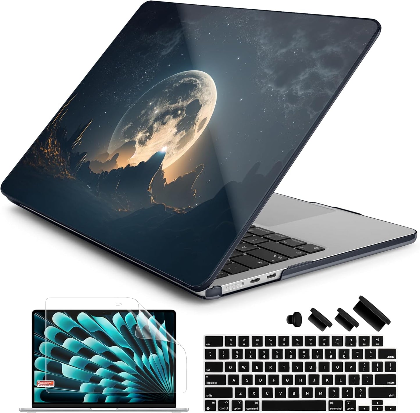 Batianda Premium Case for New MacBook Air 15 inch 2025 2024 2023 with M4 M3 M2 Chip, Designed Black Protective Plastic Hardshell & Keyboard Cover & Screen Protector, Moon in Sky
