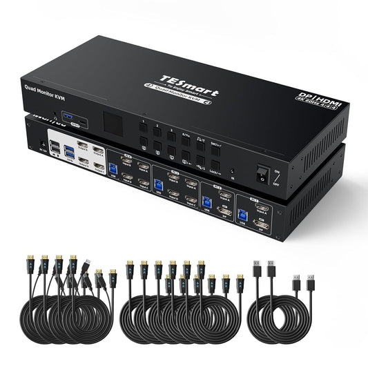 TESmart Quad Monitor HDMI+DP MST KVM Switch 4 Monitors 4 Computers 4K@60Hz, USB 3.0 KVM Docking Station, Audio&Microphone, EDID emulators, Hotkey Switch, Rack-Ears, with Input Cables
