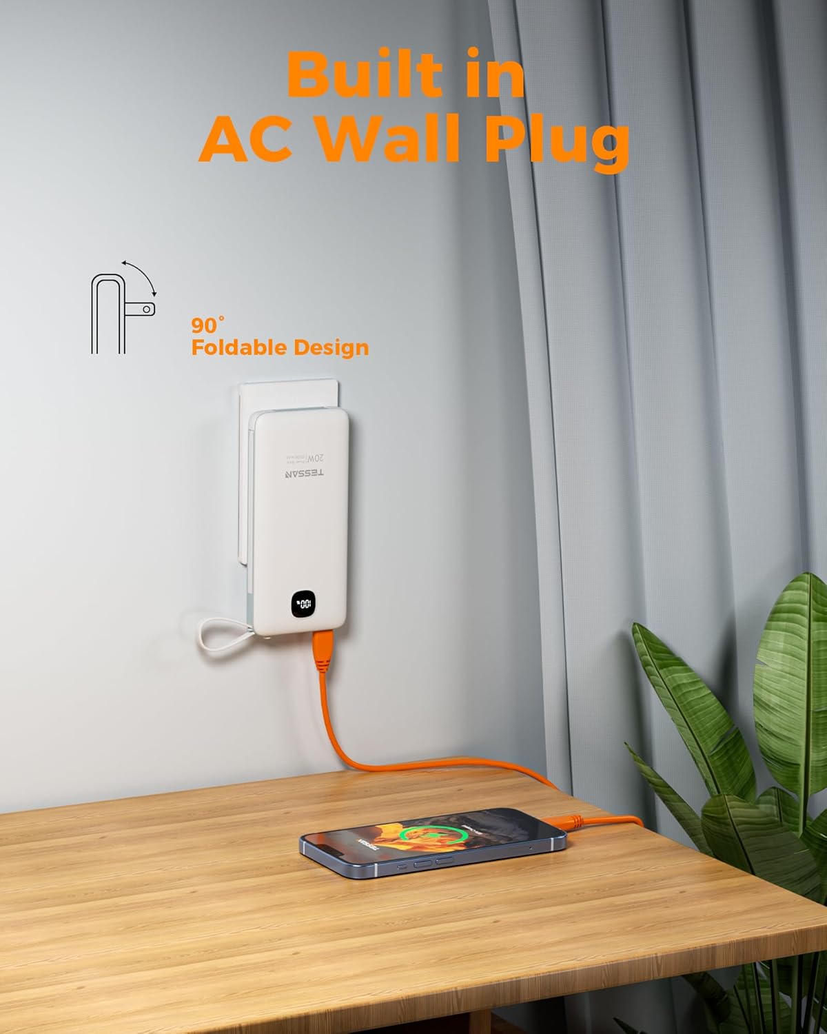 TESSAN Portable Charger with Built in Cables, 10000mAh Power Bank Fast Charging with Foldable Wall Plug Charger, 20W Compact Battery Pack Travel Essentials for iPhone 16/15 Series, Samsung, Tablets