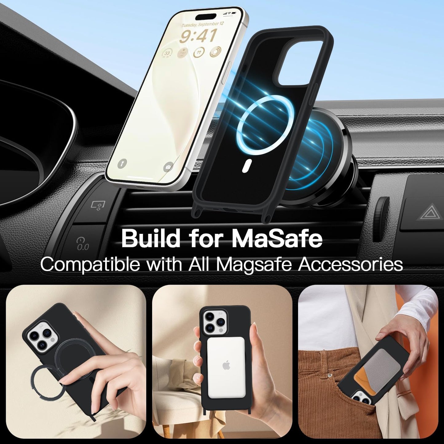 for iPhone 16 Case with Lanyard [Compatible with MagSafe], Crossbody Phone Case with Neck Strap Adjustable, Magnetic Phone Cover for iPhone 16 6.1'' Black