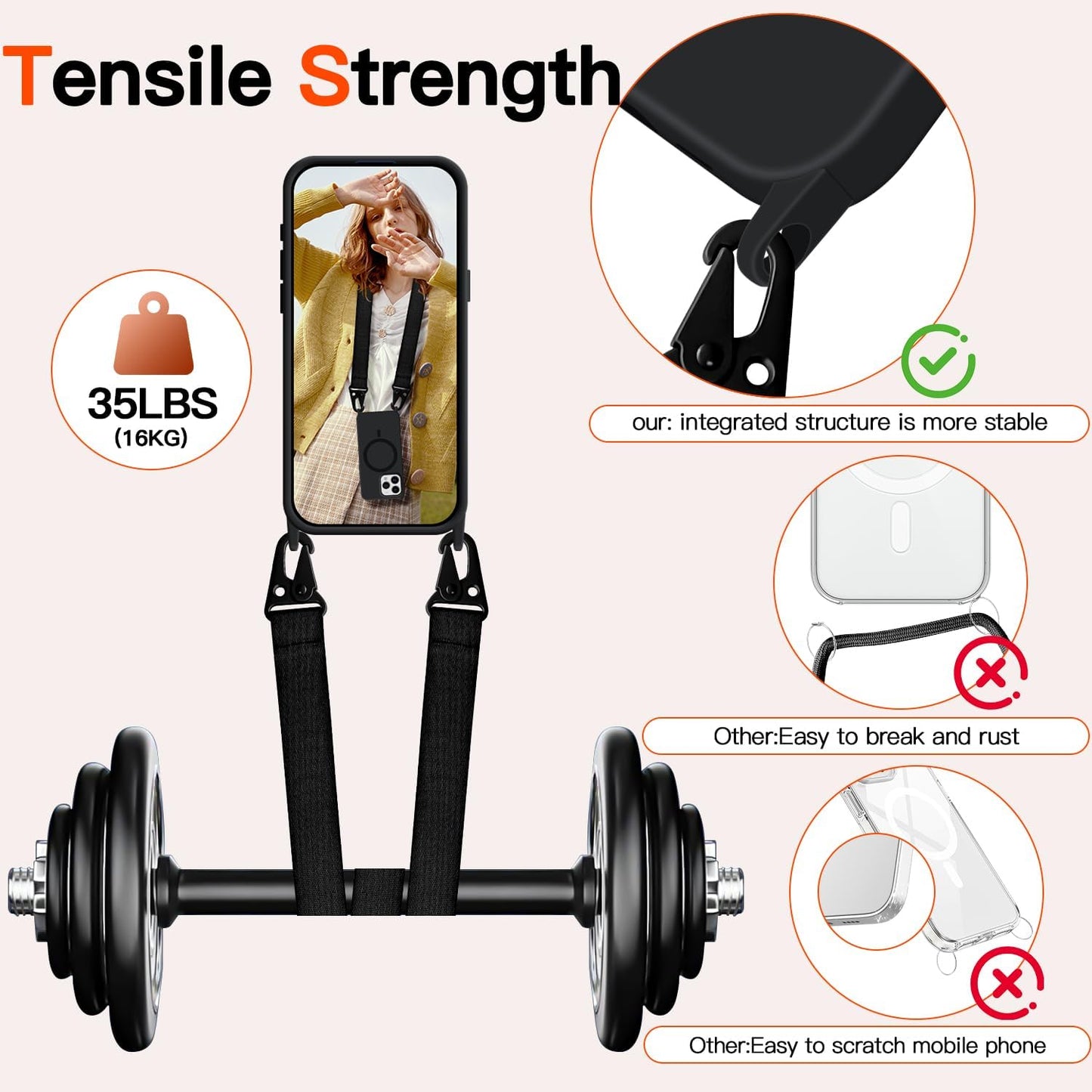 for iPhone 16 Case with Lanyard [Compatible with MagSafe], Crossbody Phone Case with Neck Strap Adjustable, Magnetic Phone Cover for iPhone 16 6.1'' Black