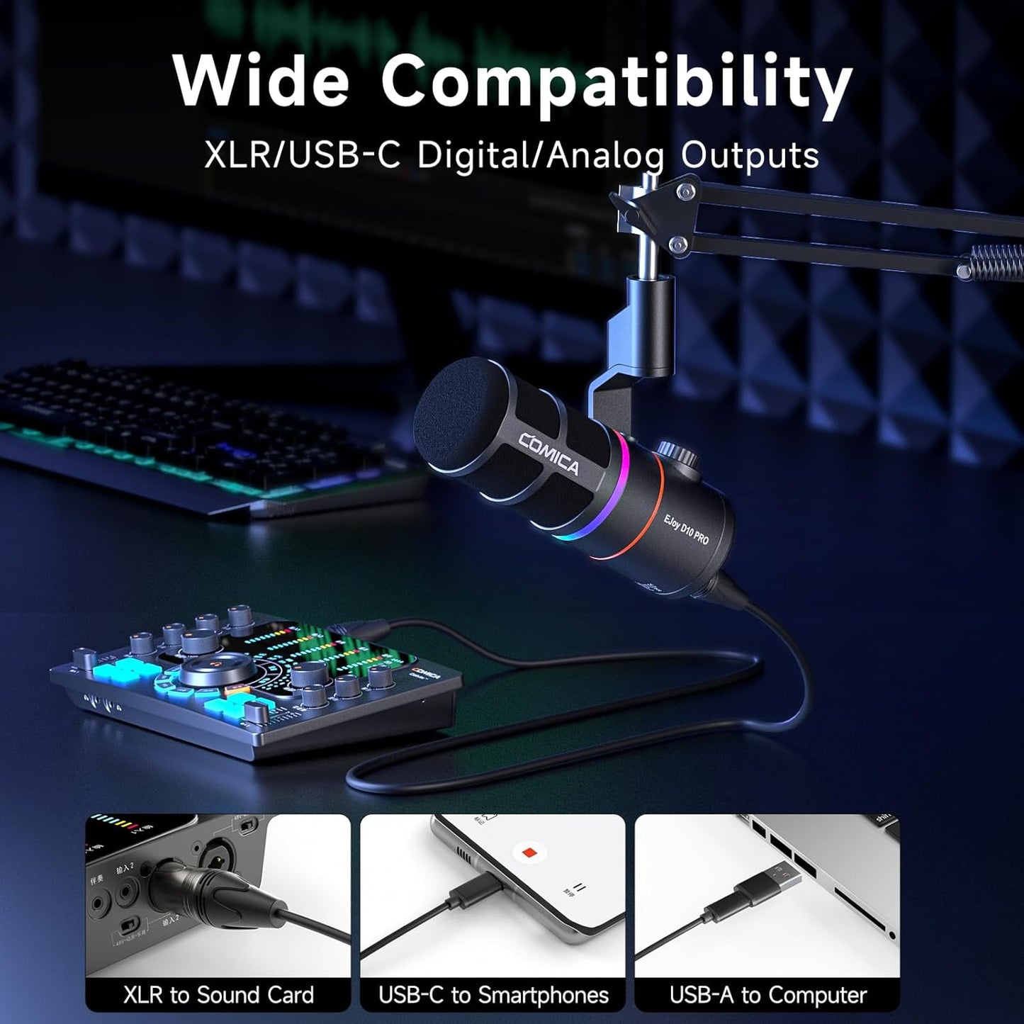 EJoy D10 PRO(A) USB Wireless Gaming Microphone – Boom Arm Mic with Wired/Wireless Modes, XLR/USB-C, Real-Time Monitoring, 45H Battery, RGB Dynamic Mic for Gaming, Streaming, Podcast, Recording (Black)