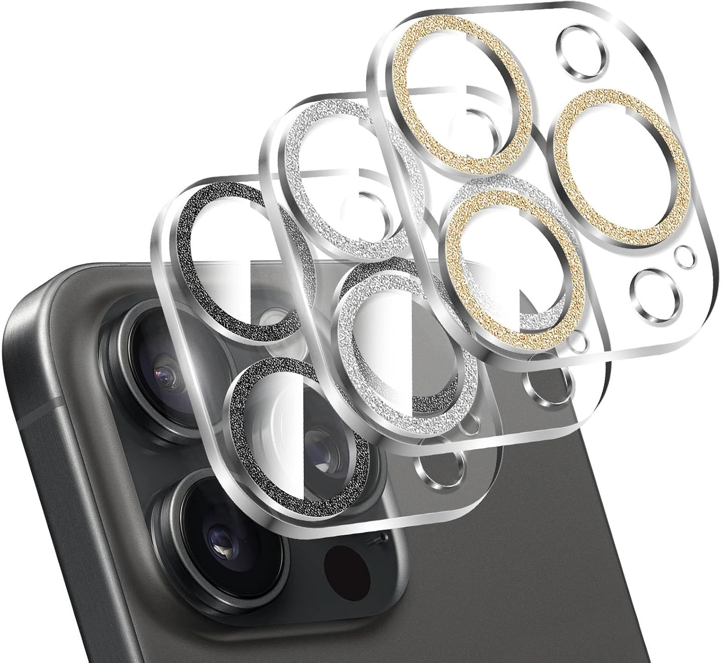 LucBuy 3PCS Sparkling Camera Lens Protector for iPhone 11 Pro/iPhone 11 Pro Max, Full Clear Acrylic Cover with Shiny Colorful Glitter Designed Decoration Back Camera Protector