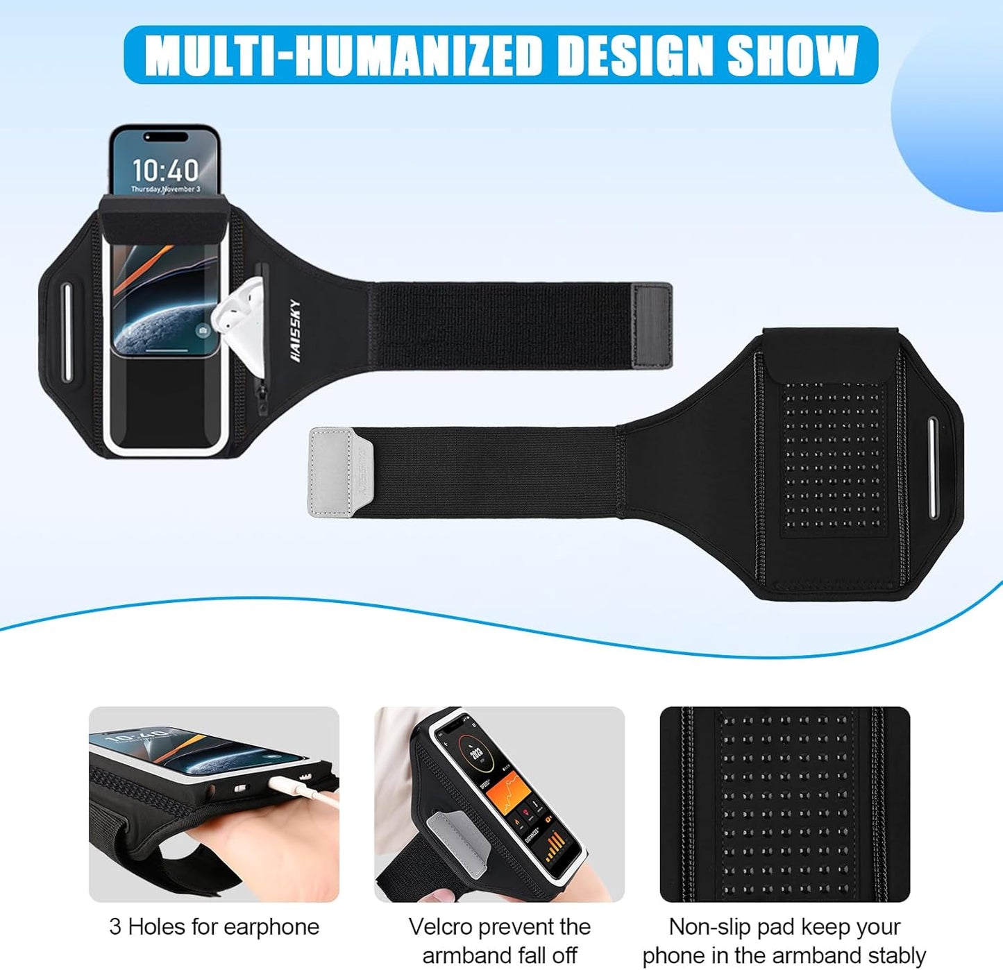 Running Phone Armband with Earphone Holder - 3D Design Cell Phone Armband for iPhone 15/14/13 Pro/Plus & Galaxy S20/S10, Water Resistant Sports Phone Holder with Key Slot for 6.9" Device"
