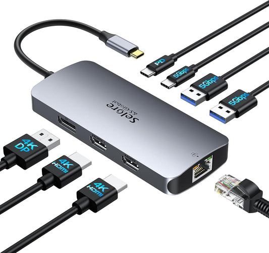 USB C Docking Station Dual Monitor, Selore Docking Station 3 Monitors Triple 4K Display with 2 HDMI, DisplayPort, 1 Gbps Ethernet, 100W PD Charging, USB 3.0 Ports Adapter for Dell, HP, Lenovo,etc