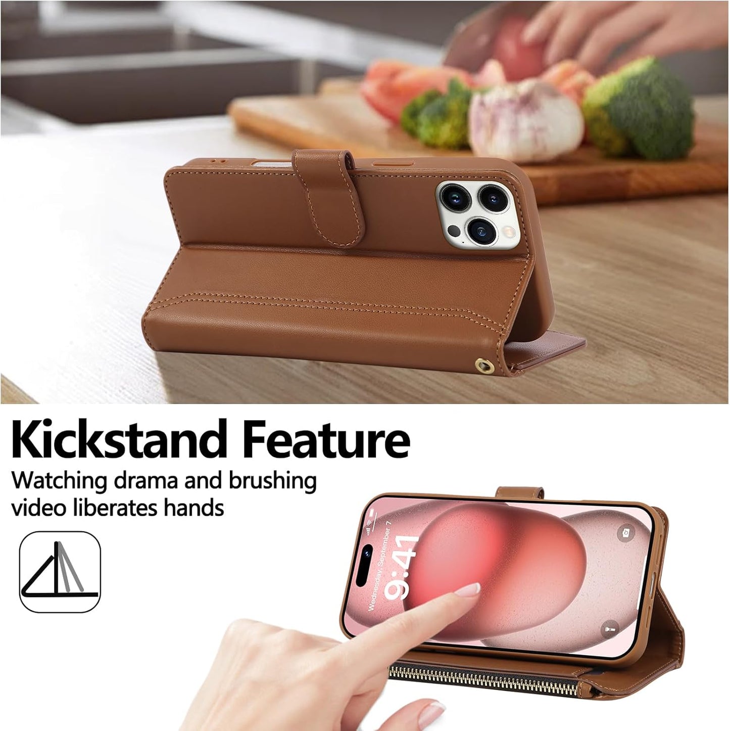 Compatible with iPhone 16 Pro Max Wallet Phone Case-PU Leather Magnetic Flip Cover with Credit Card Slots,Zipper Pocket & Detachable Wrist Strap,Shockproof Design,for Women and Men-Brown