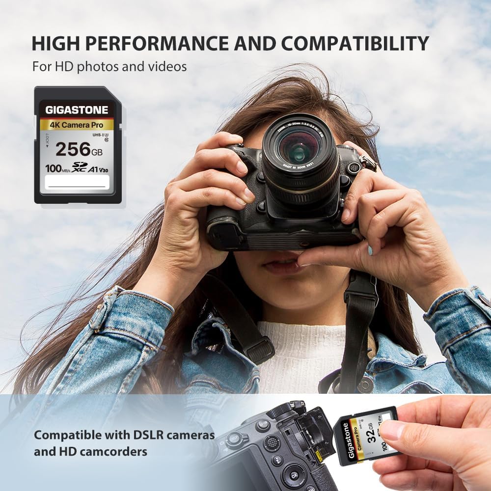 [5-Yrs Free Data Recovery] GIGASTONE 256GB 2-Pack SD Card, 4K Camera Pro, A1 V30 SDXC Memory Card 4K UHD Video Compatible with Canon Digital Camera, with 2 Mini Cases
